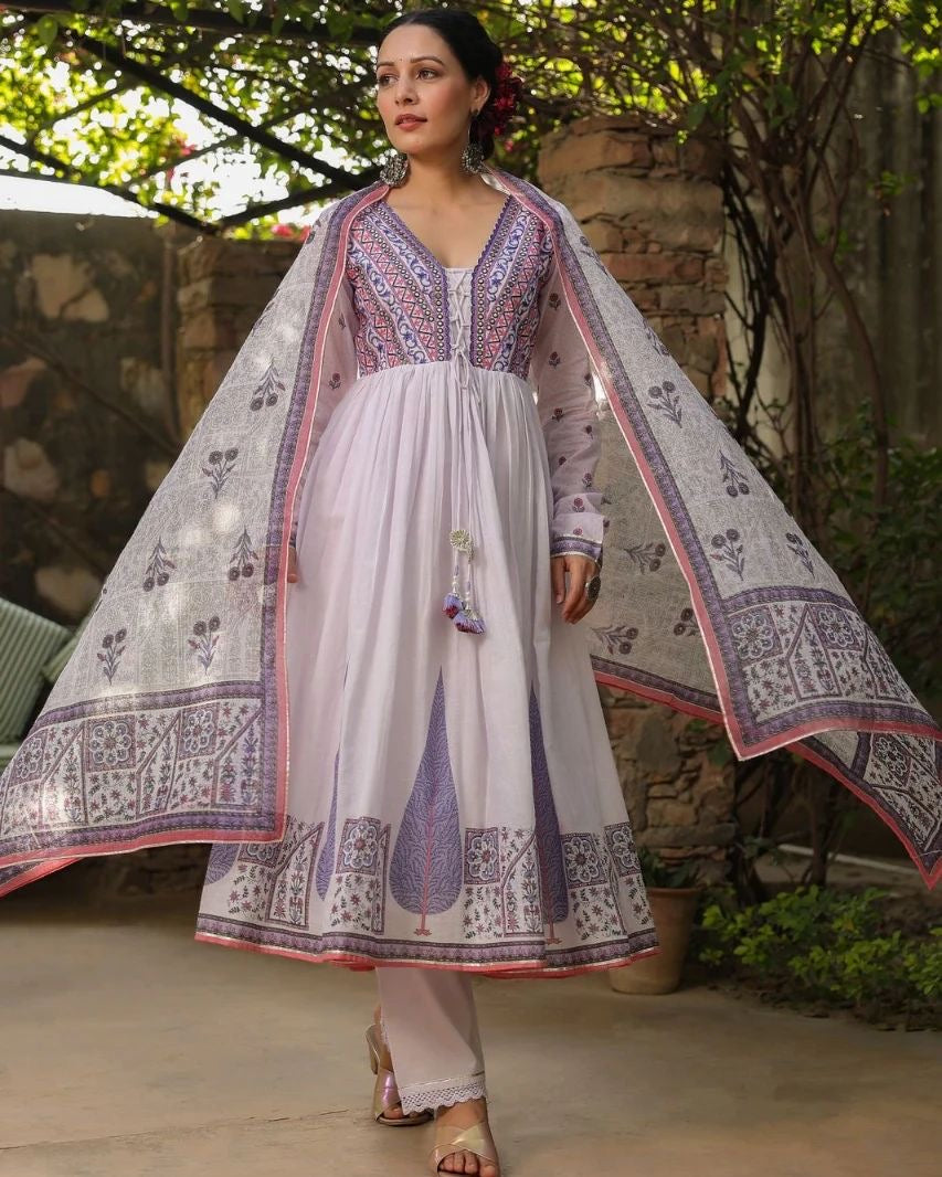 Pure Cotton Mulmul Anarkali Kurta Pant and Dupatta Set