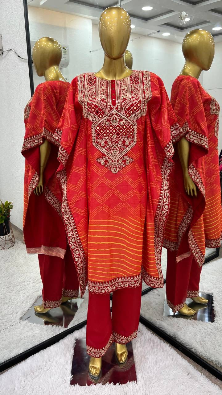 Pure Chinnon With Embroidery Coding Dori-Sequence Work Kaftan Set