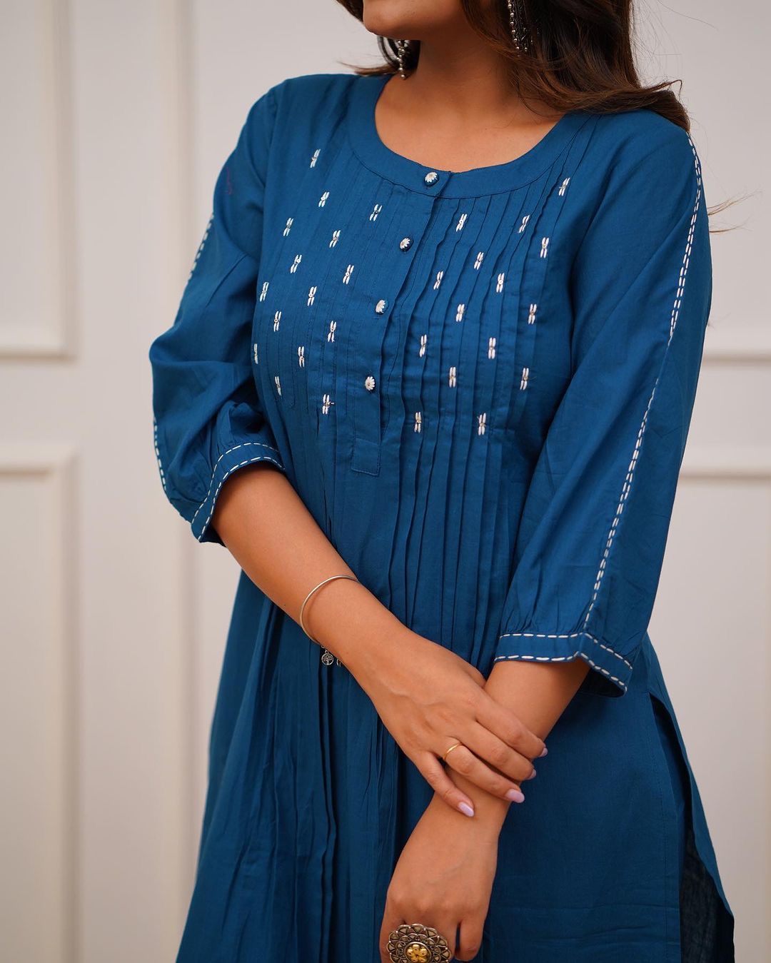 Teal Blue Kurti Pant with Beautiful Buttons