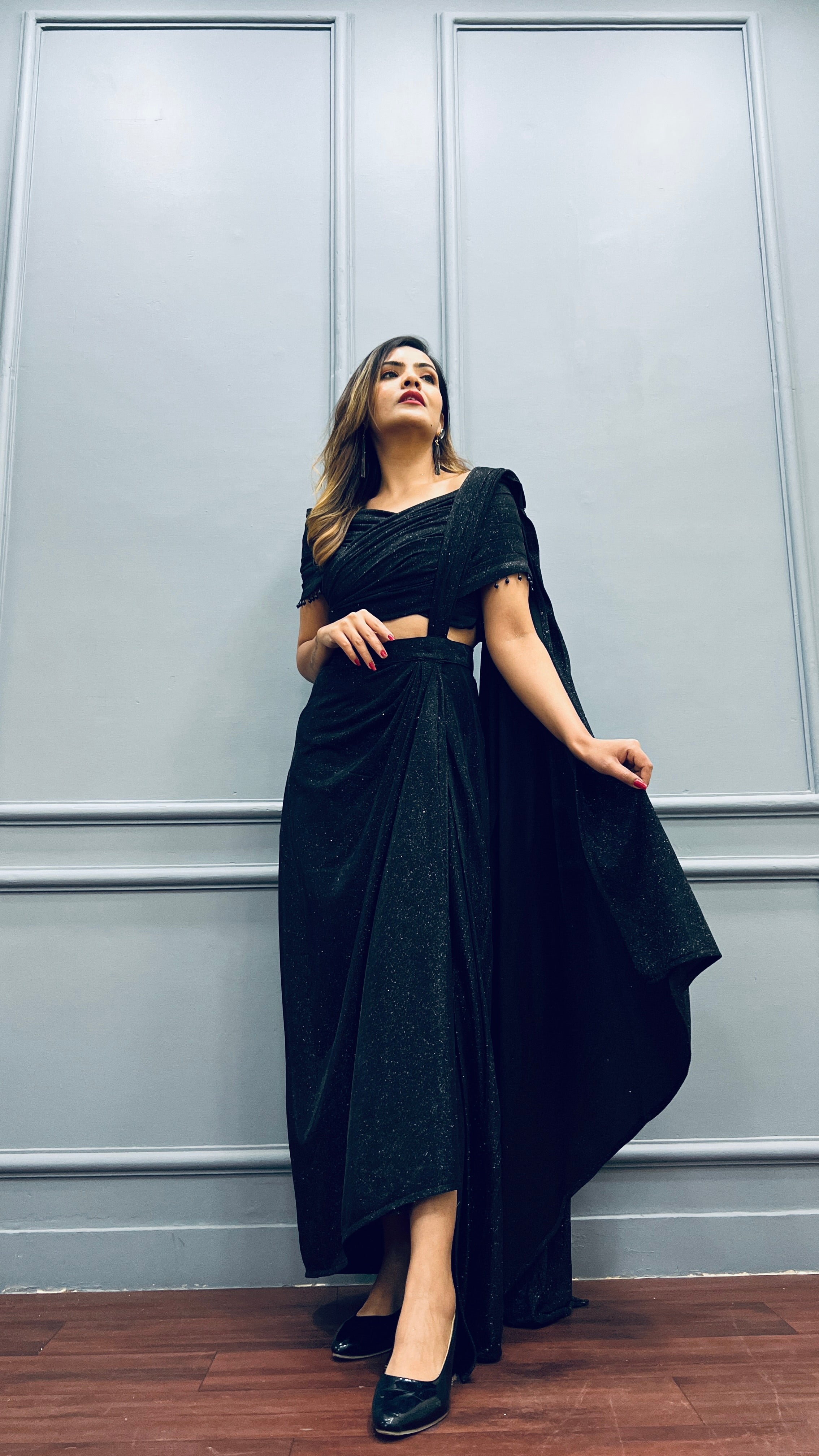 Black Sarong Saree – Pre-draped Partywear with Poncho Top & Pearl Embellishments