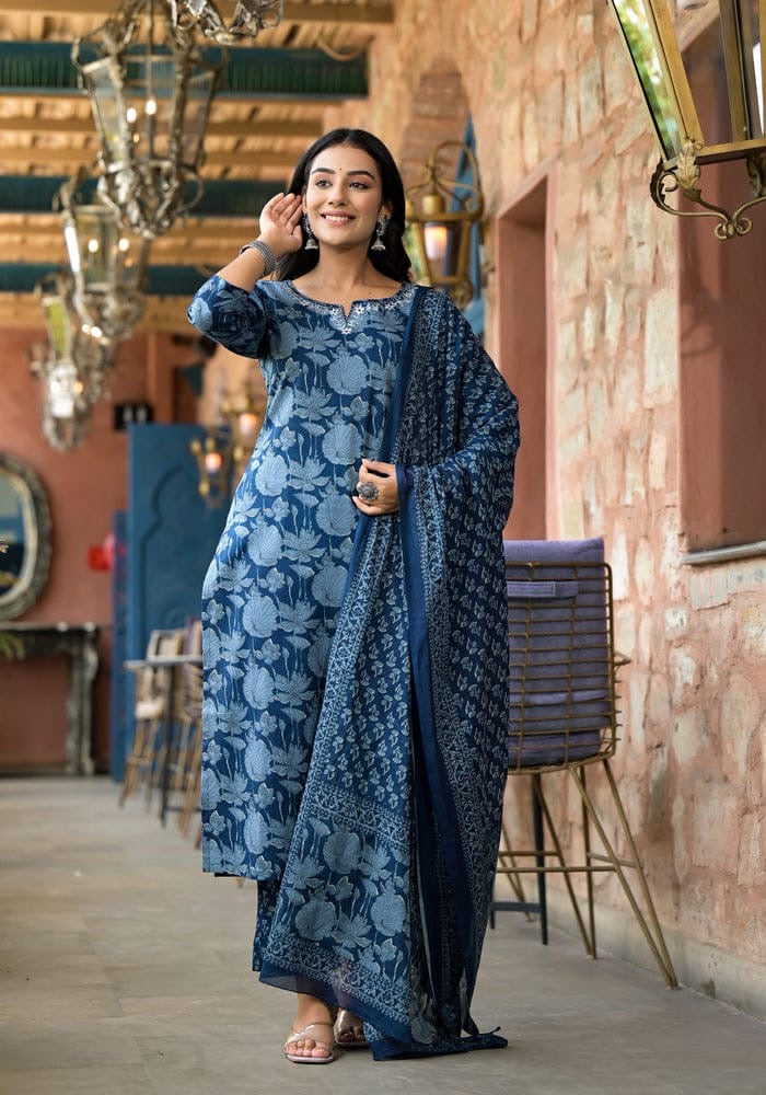 Premium Indigo Cotton Kurtis With Heavy Embroidery Work On Neck with Pant & Full Cotton Dupatta