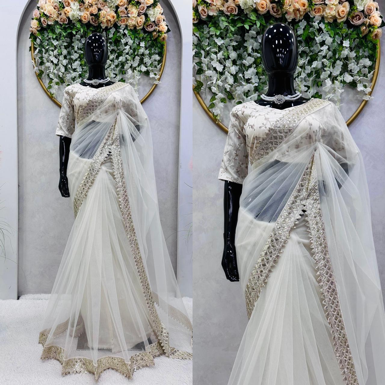 Designer Saree on Soft Net Febric with Thred & sequnce work