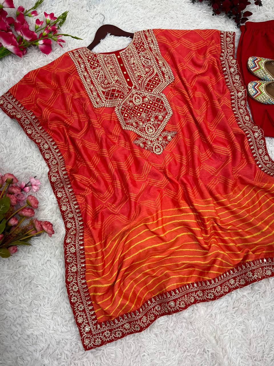 Pure Chinnon With Embroidery Coding Dori-Sequence Work Kaftan Set