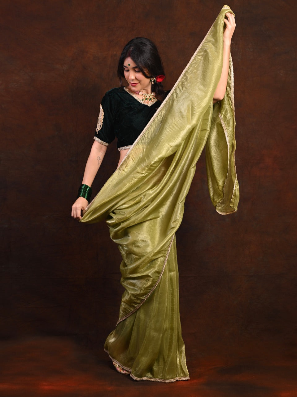 Crush Tissue Silk Saree with Golden Zari Work & Velvet Blouse