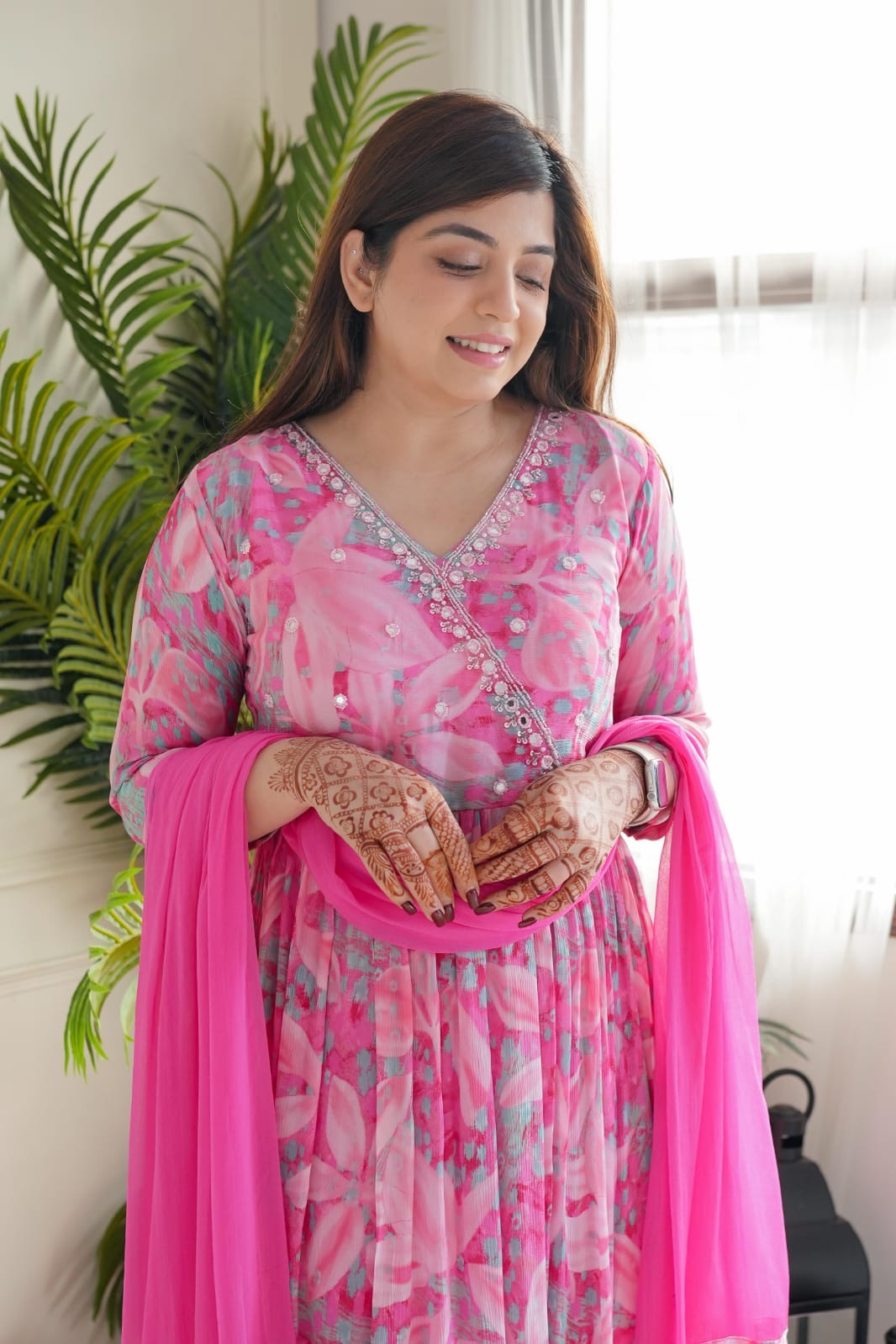 Pink Floral Angrakha Alia Cut Suit Set With Lining Is An Inner Layer Of Fabric