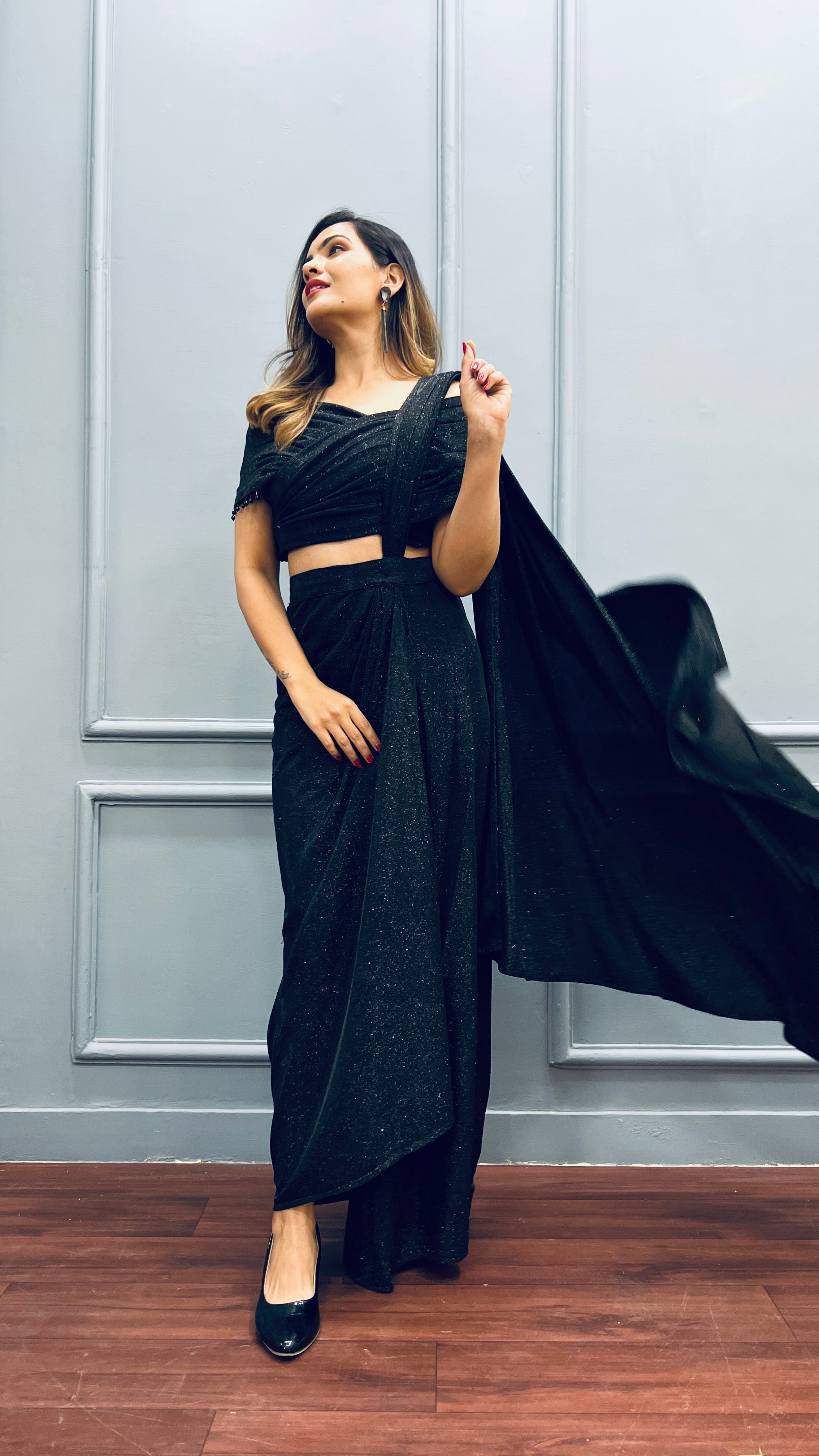 Black Sarong Saree – Pre-draped Partywear with Poncho Top & Pearl Embellishments