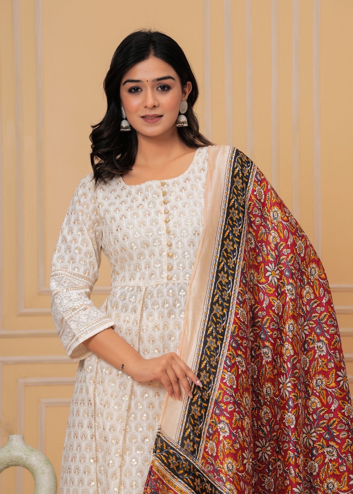 Pure Chikankari Anarkali kurti with pant and silk chanderi digital Print dupatta set