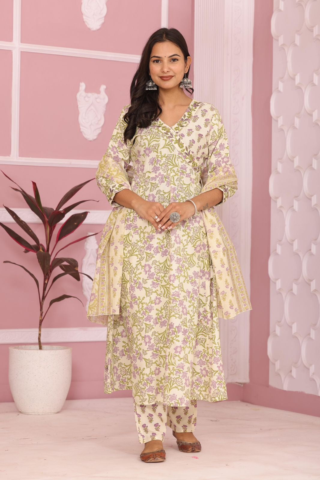 New Angrakha Kurta Set with New Style in Fower Print