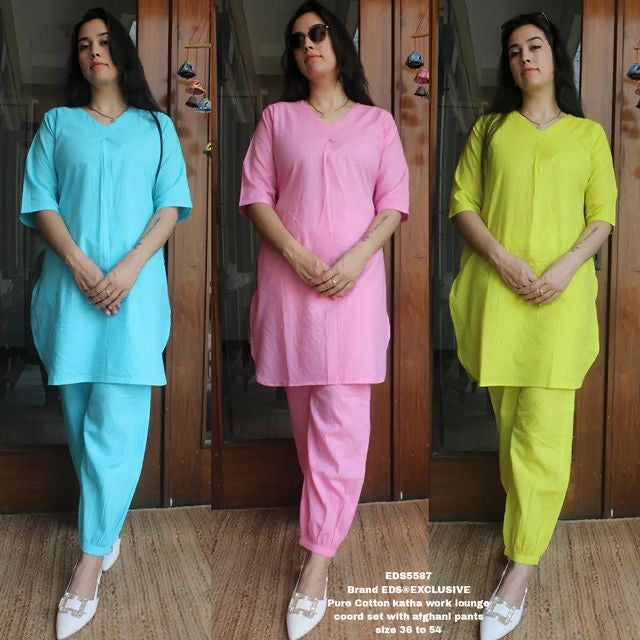 Premium Katha Cotton Apple Cut Kurti with side pocket & Afgani Pant