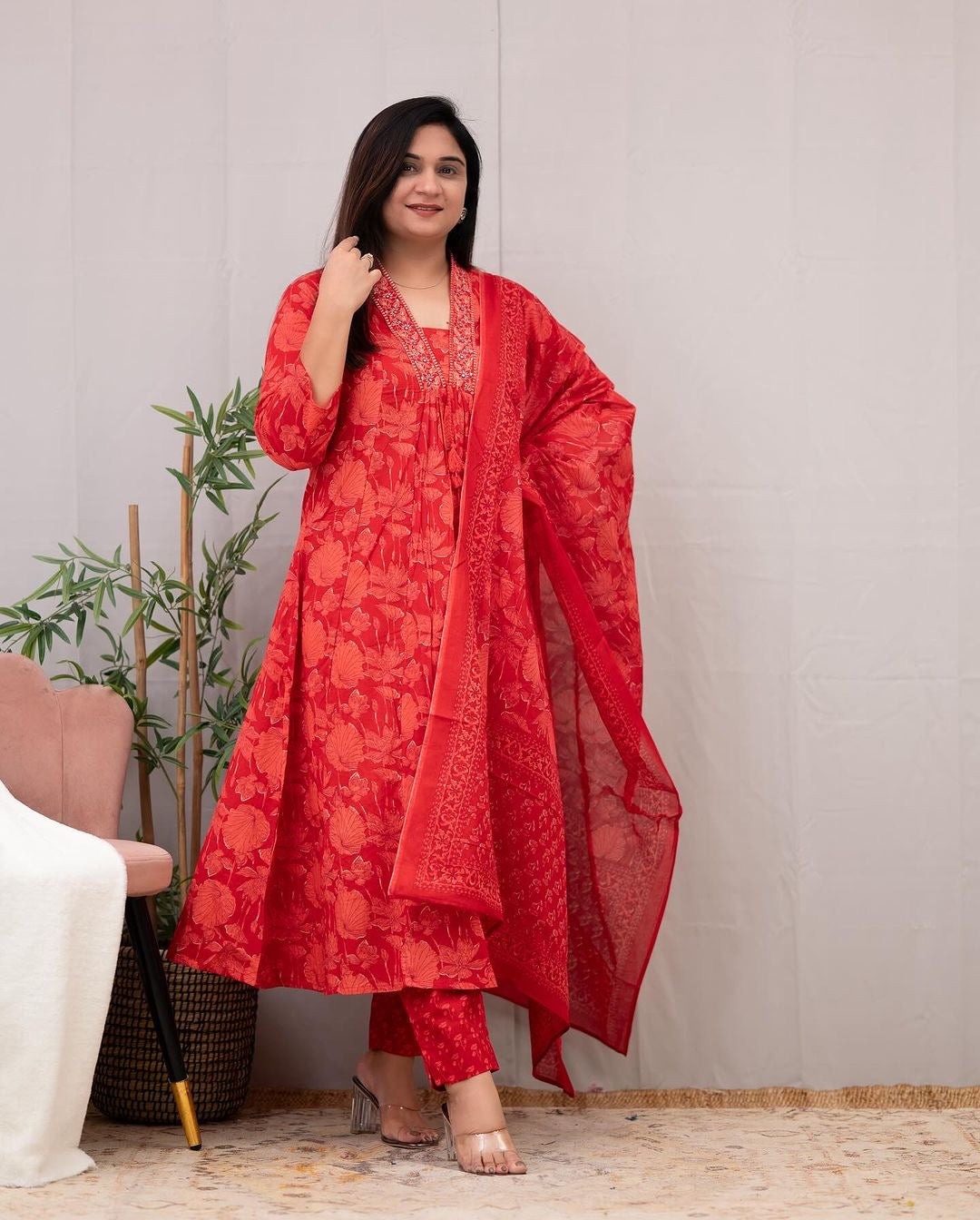 Hand Block Cotton Kurta Set - A-Line with Pant & Dupatta