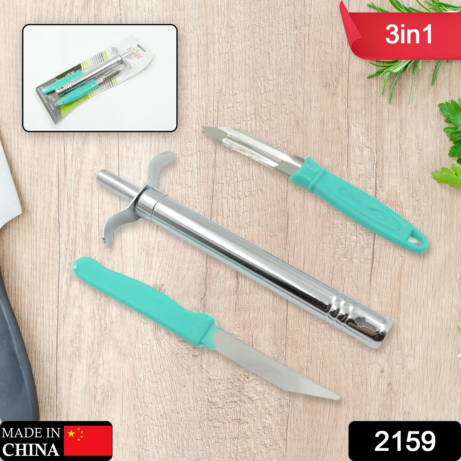 2159 3 In 1 Kitchen Combo - Kitchen Lighter Stainless Steel Knife And Peeler