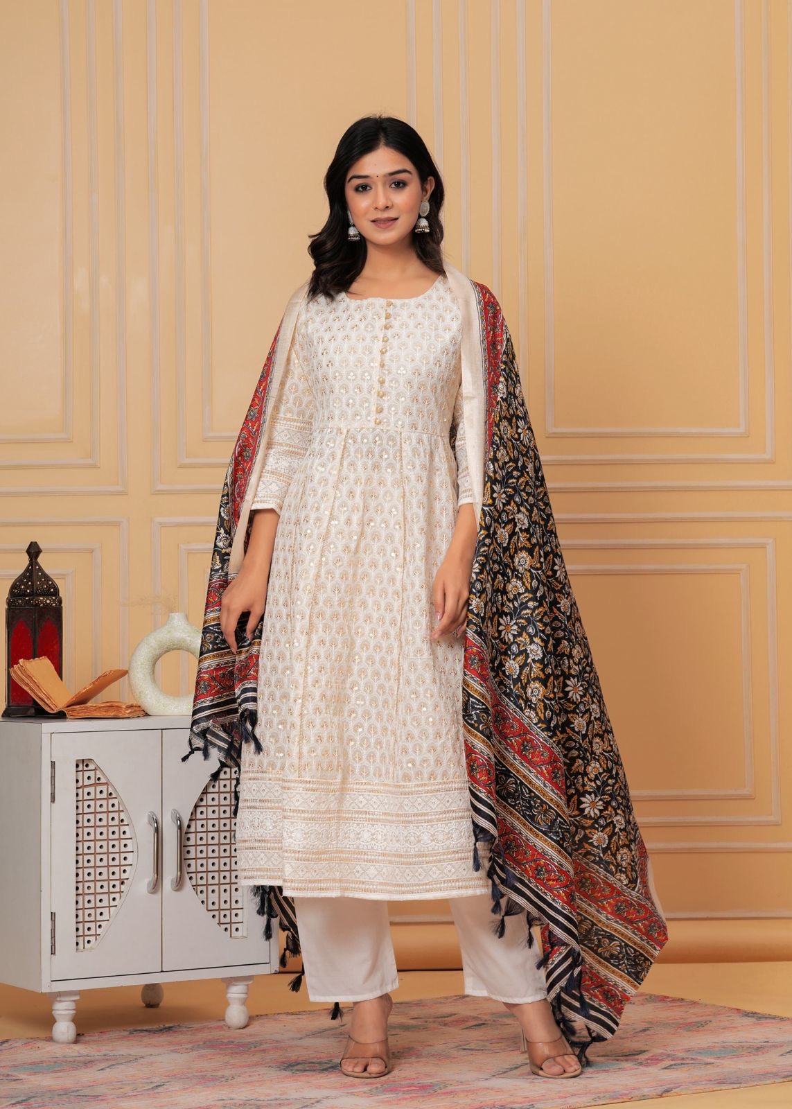 Pure Chikankari Anarkali kurti with pant and silk chanderi digital Print dupatta set