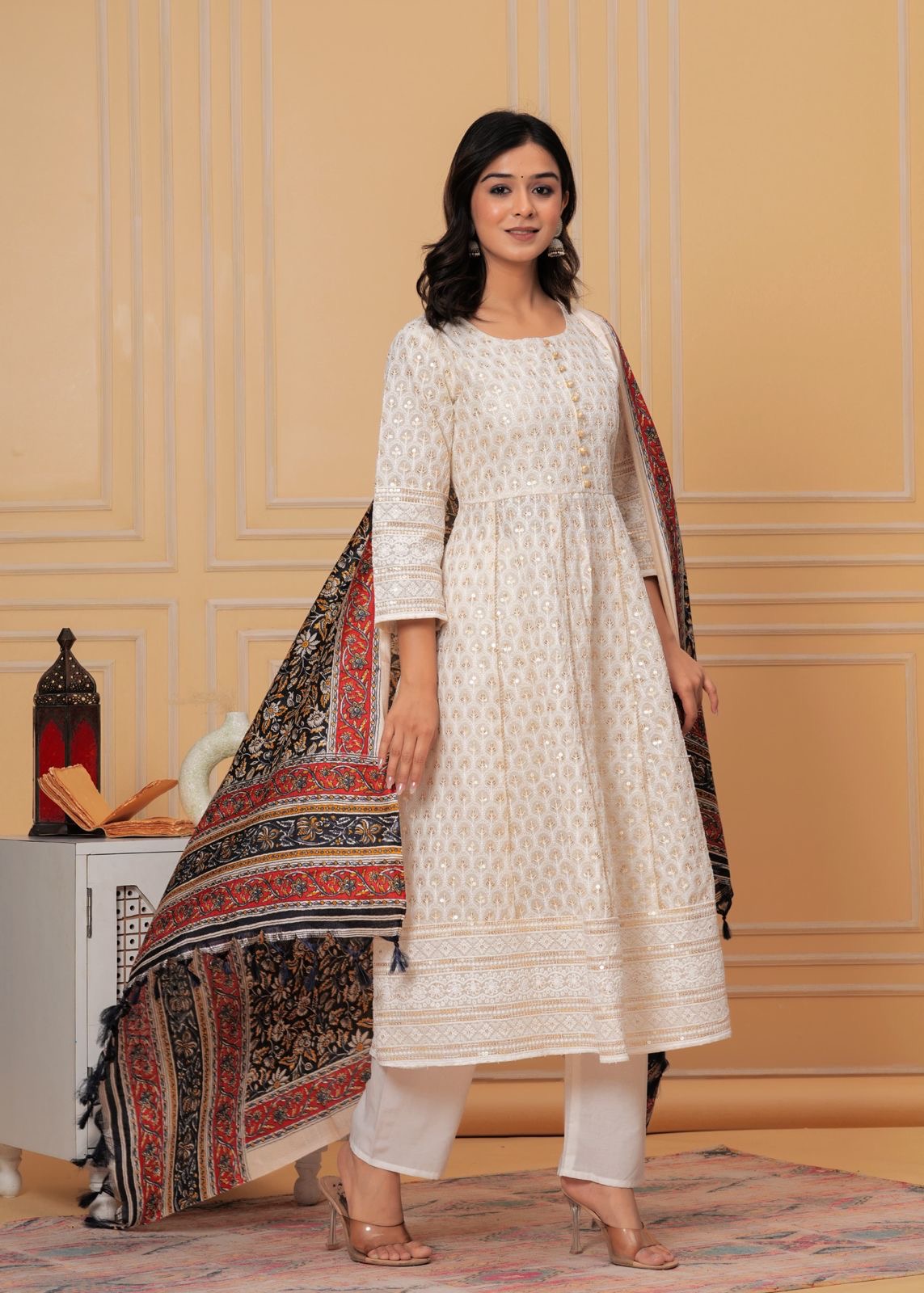 Pure Chikankari Anarkali kurti with pant and silk chanderi digital Print dupatta set