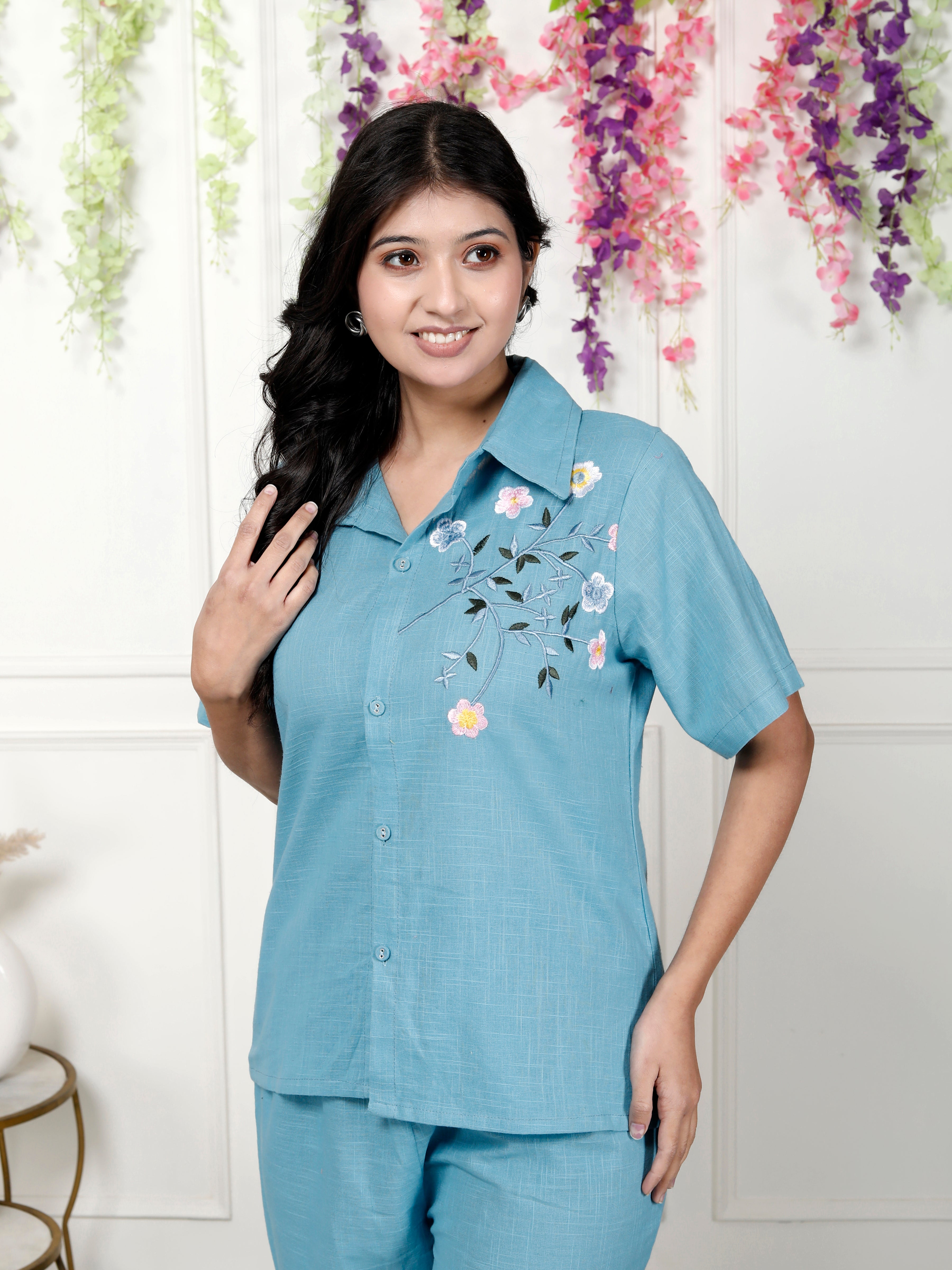 Women Cotton Blue Tunic Palazzo Set - Comfortable & Stylish