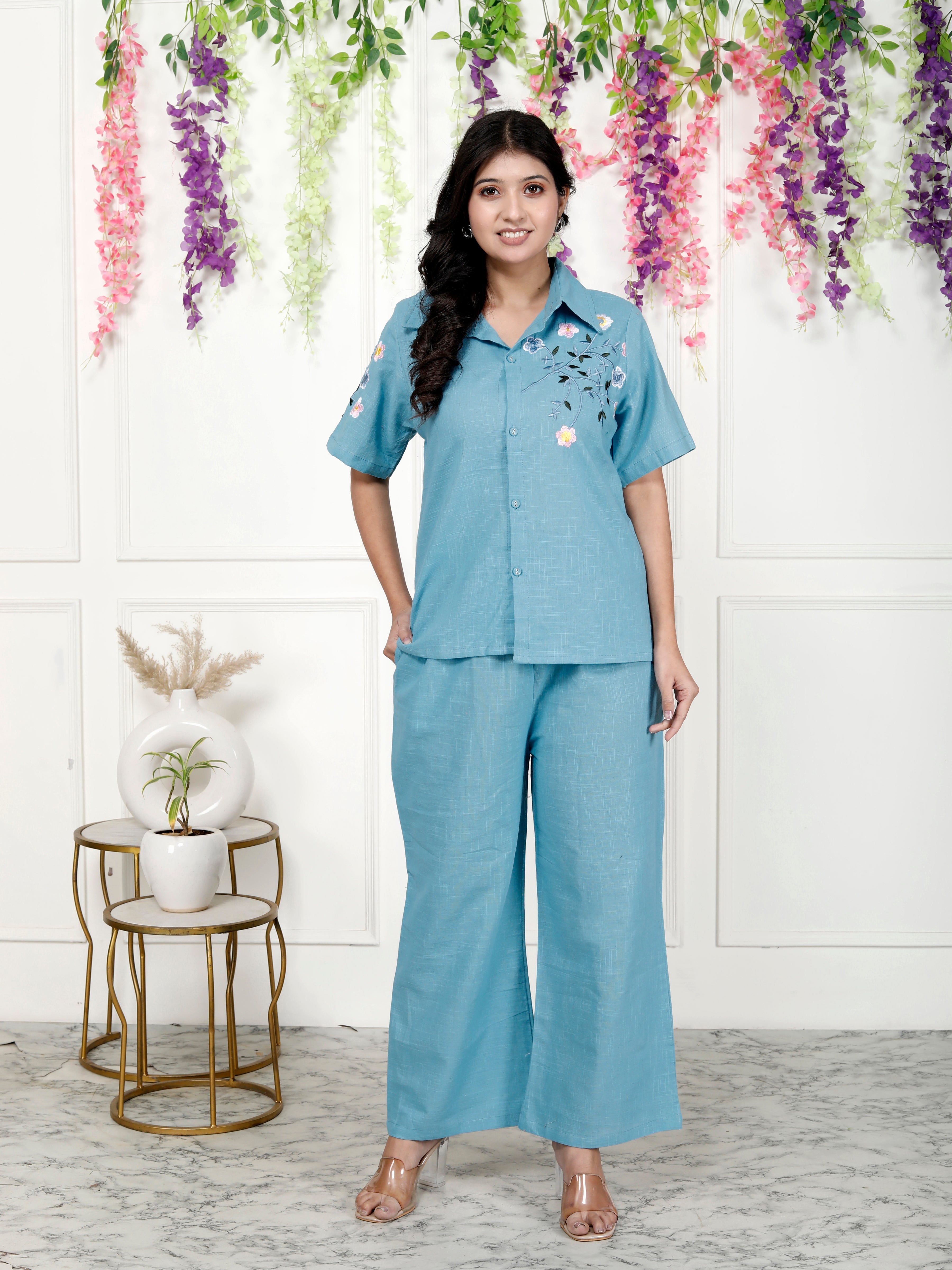 Women Cotton Blue Tunic Palazzo Set - Comfortable & Stylish