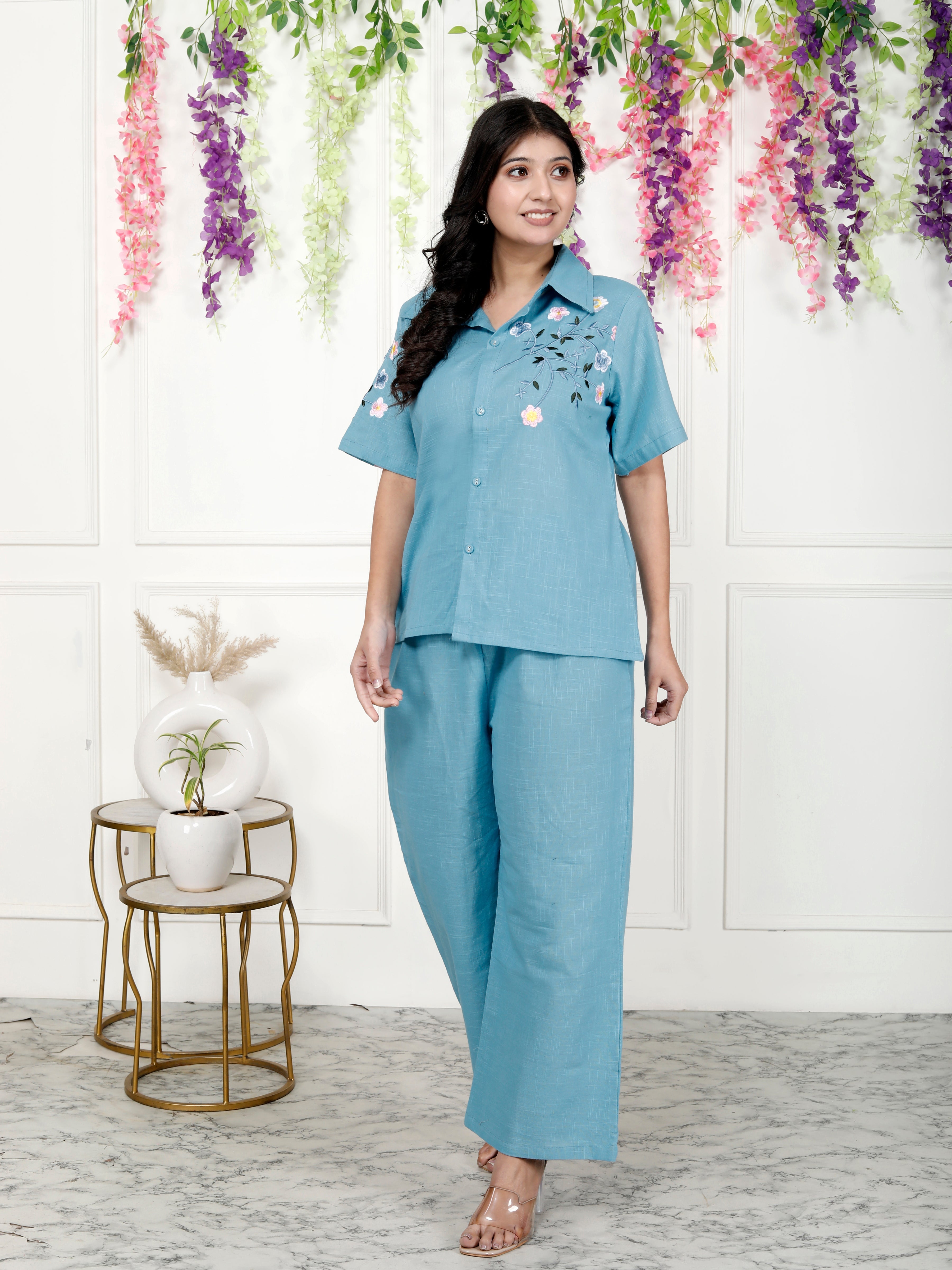 Women Cotton Blue Tunic Palazzo Set - Comfortable & Stylish