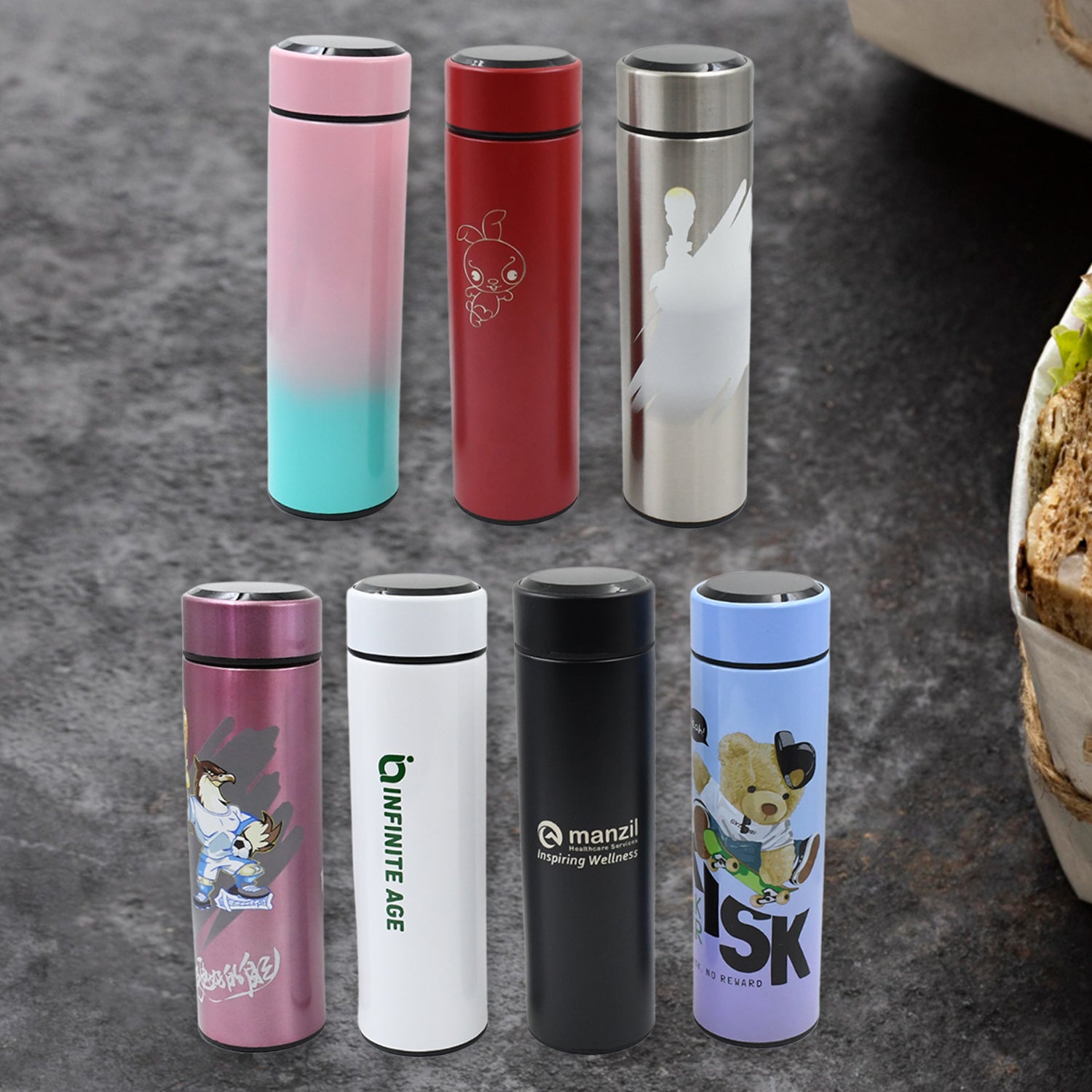 Printed Smart Vacuum Insulated Water Bottle With Led Temperature Display (1 Pc  500 Ml Approx  Multicolor  Mix Design )