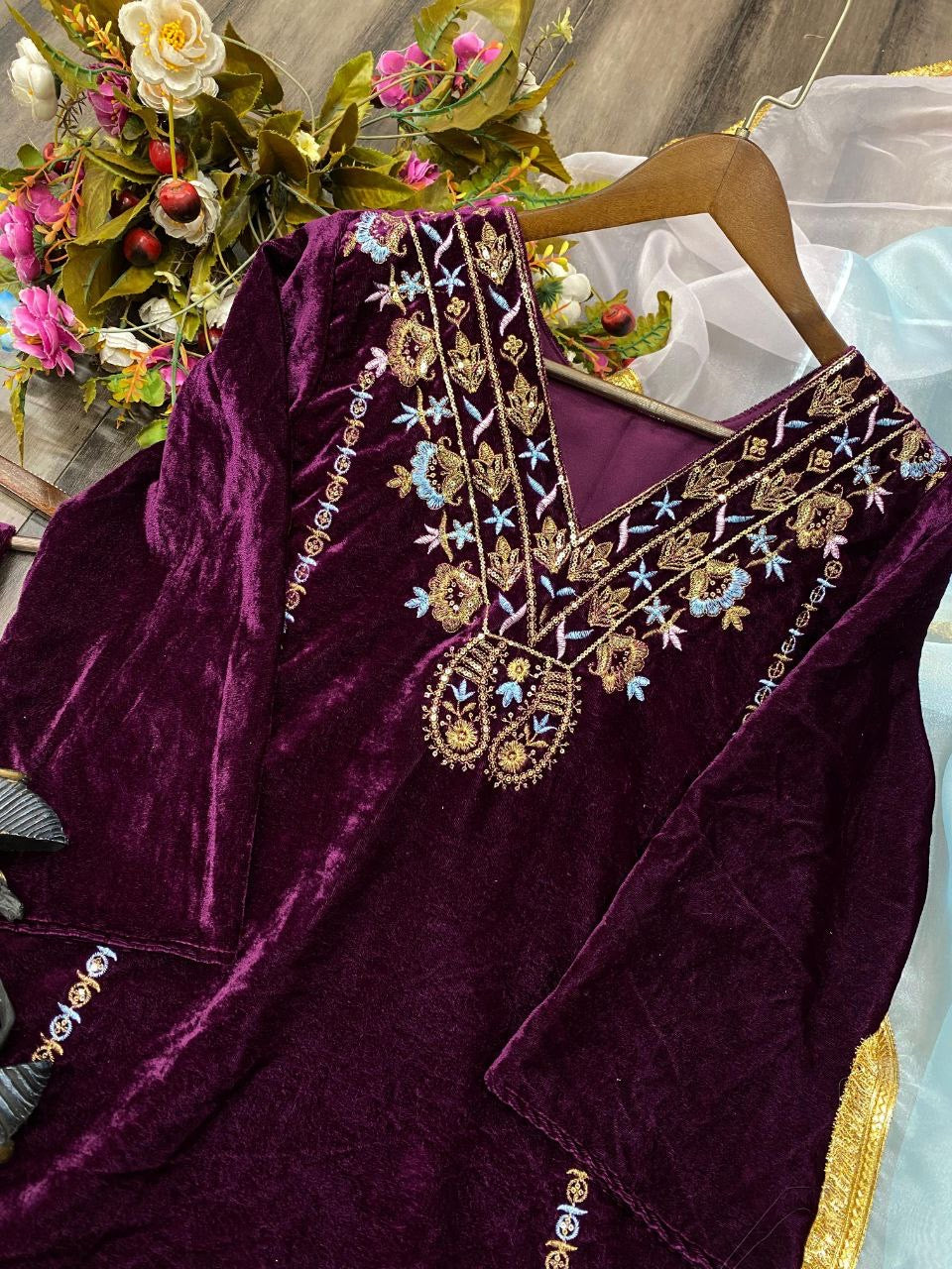 VELVET SEQUENCE EMBROIDERY WORK SUIT PANT WITH DUPATTA