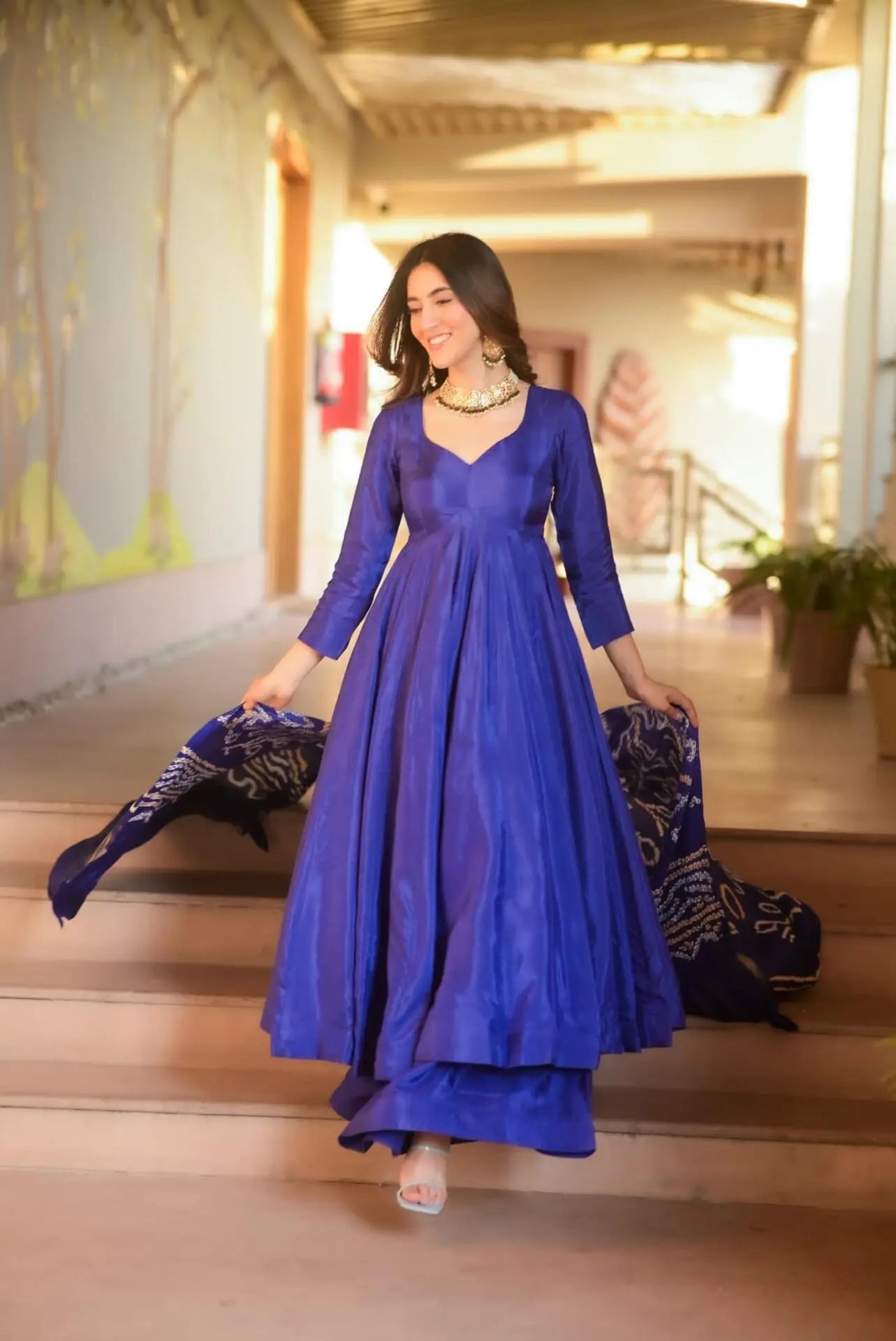 Chinnon Silk Anarkali Kurti with Cotton Dupatta - Fully Stitched (Blue)