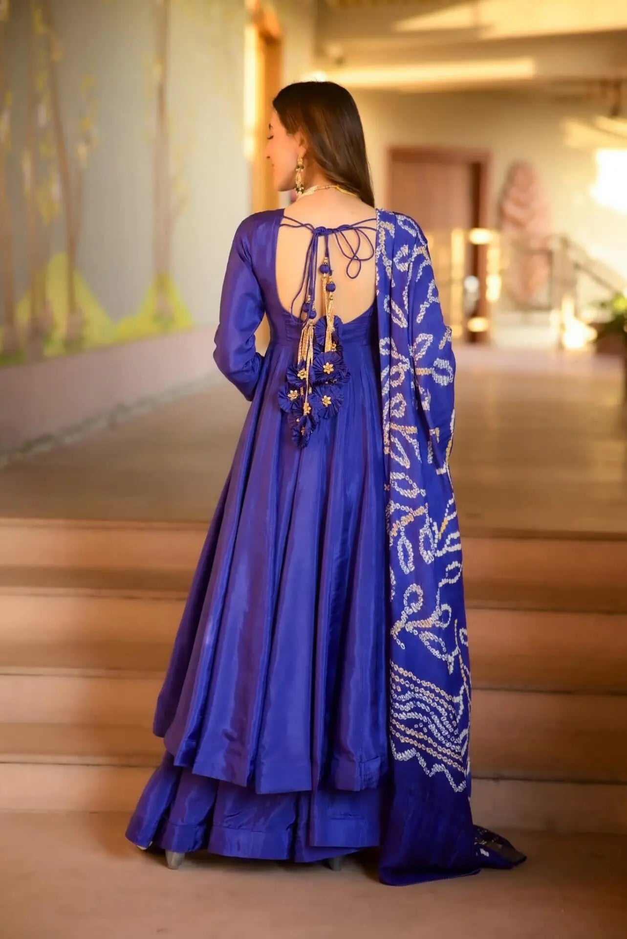 Chinnon Silk Anarkali Kurti with Cotton Dupatta - Fully Stitched (Blue)