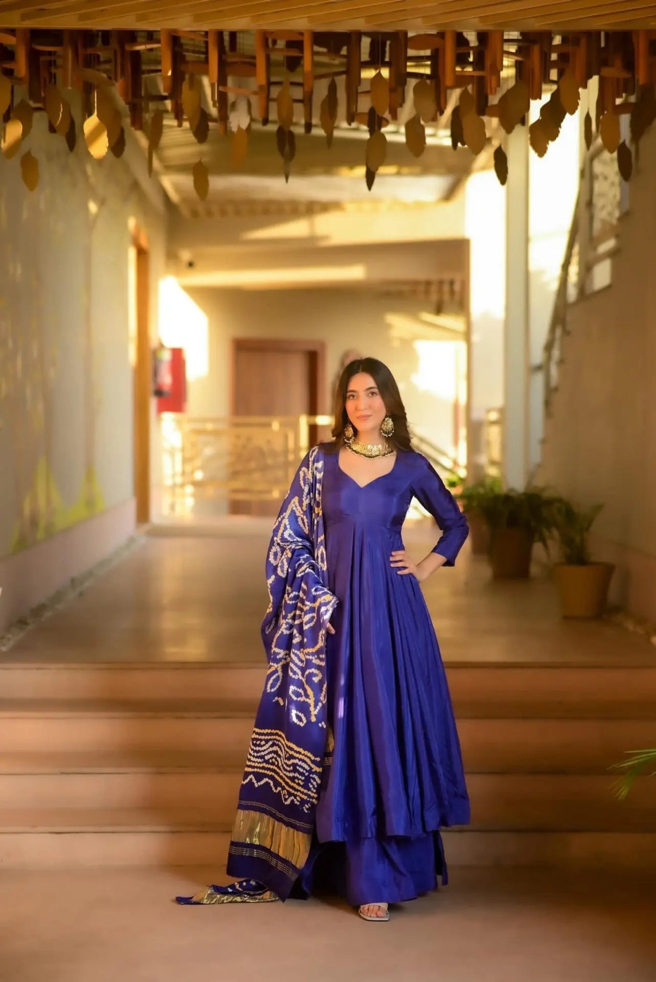 Chinnon Silk Anarkali Kurti with Cotton Dupatta - Fully Stitched (Blue)