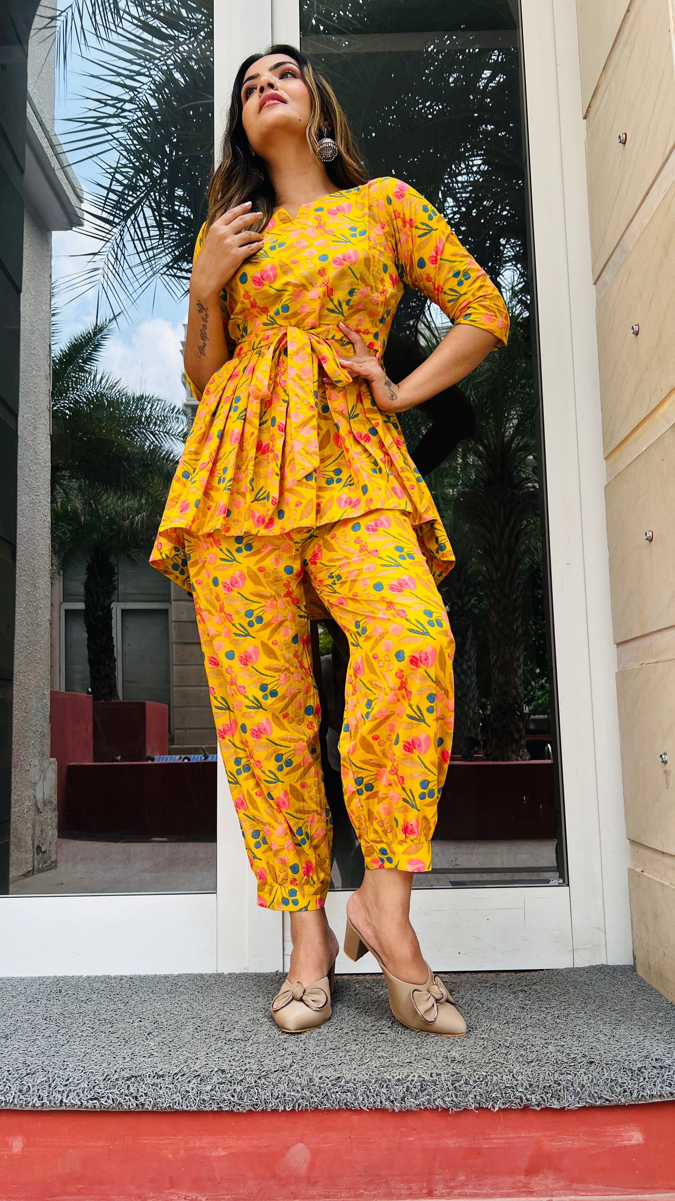 Comfortable & Classy Printed Cotton Co-Ord Set for Women in Aqua, Pink, Yellow, and Floral Green