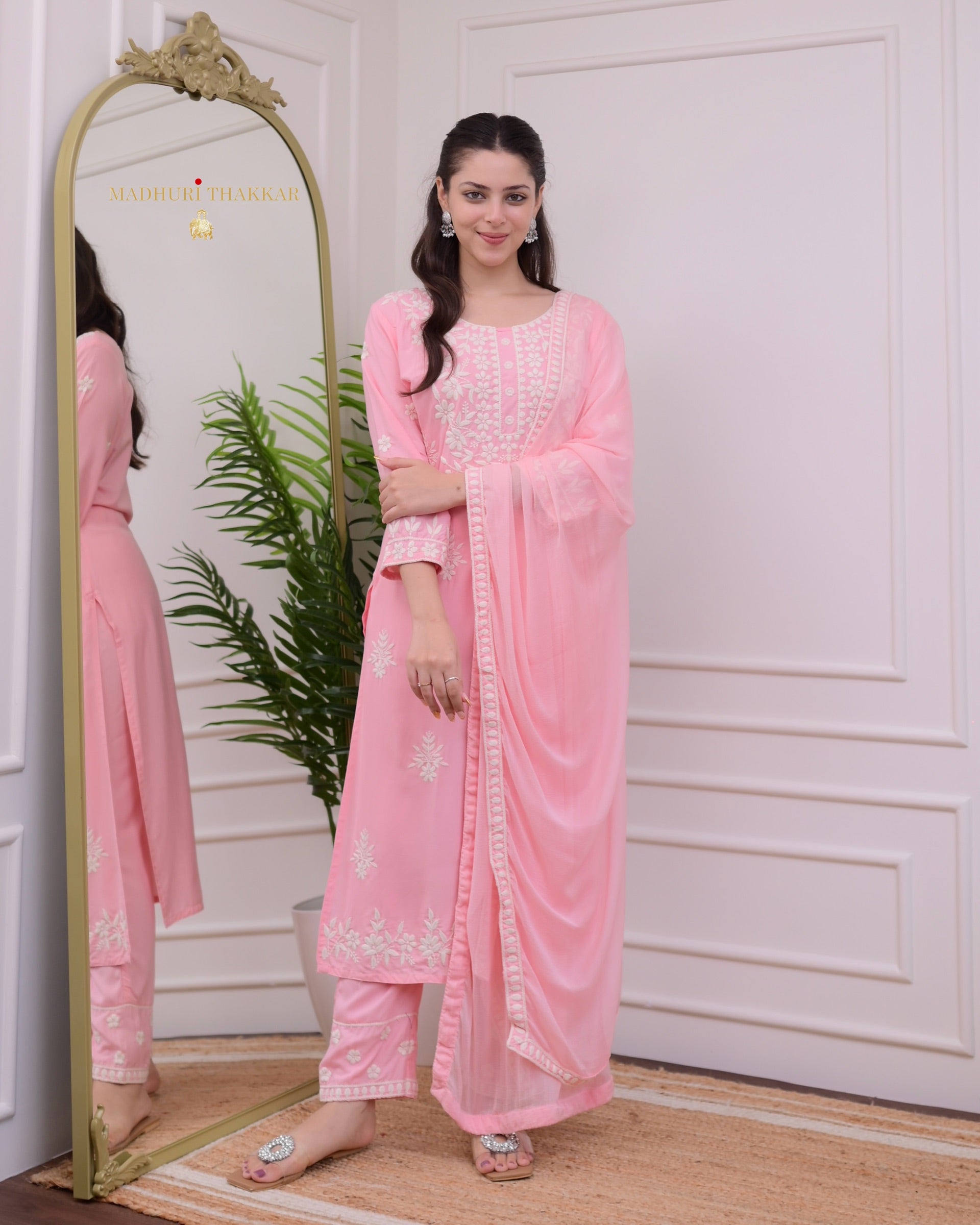 Pink Rayon Kurti Set with Embroidered Palazo & Nazneen Dupatta