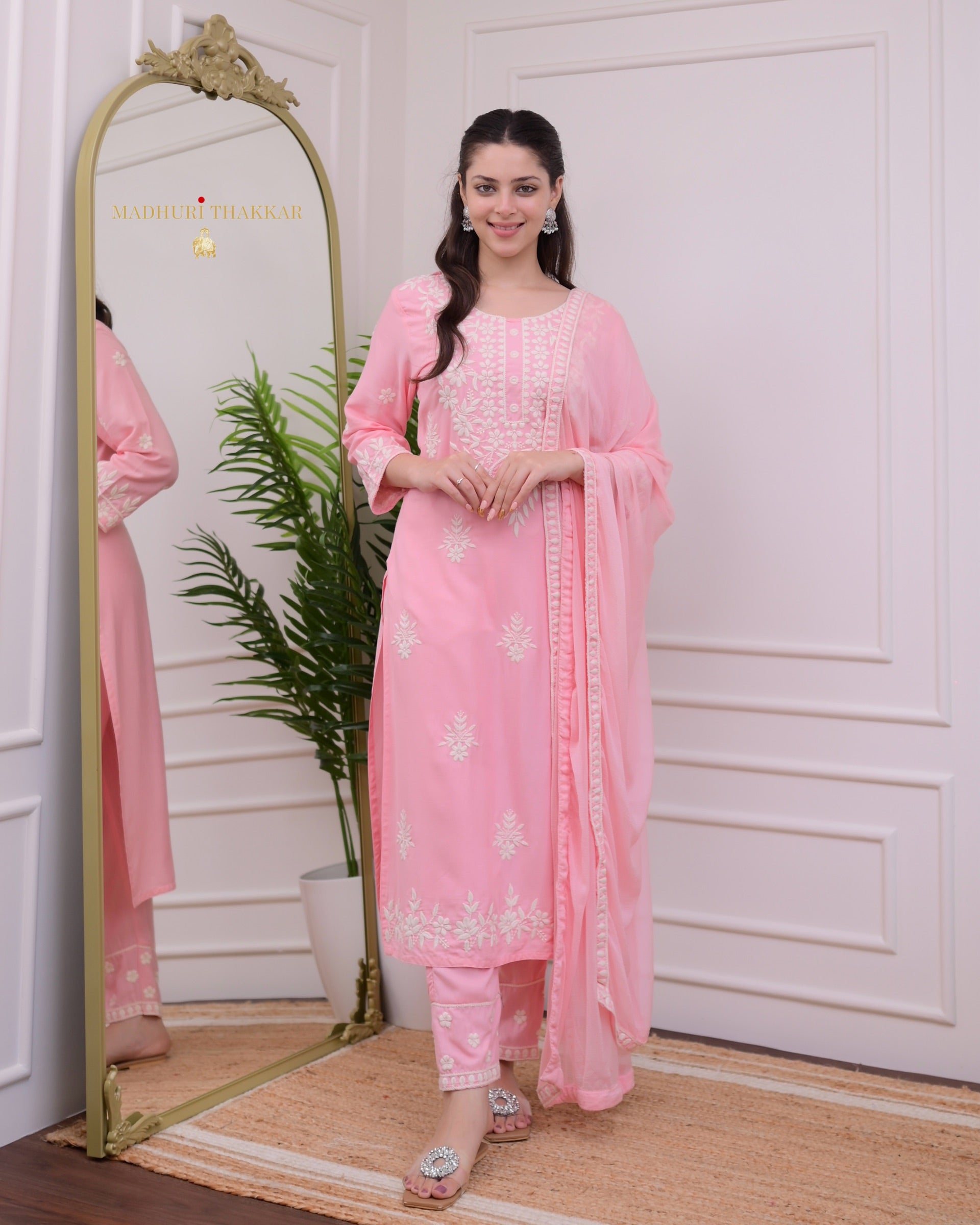 Pink Rayon Kurti Set with Embroidered Palazo & Nazneen Dupatta