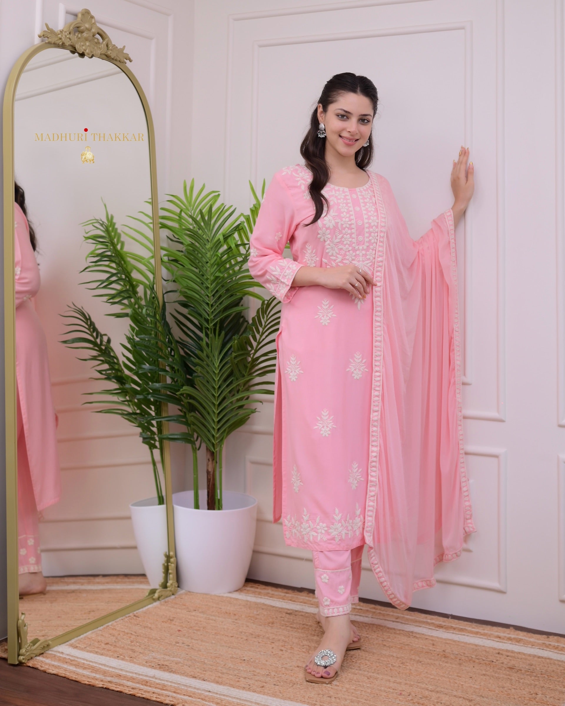 Pink Rayon Kurti Set with Embroidered Palazo & Nazneen Dupatta