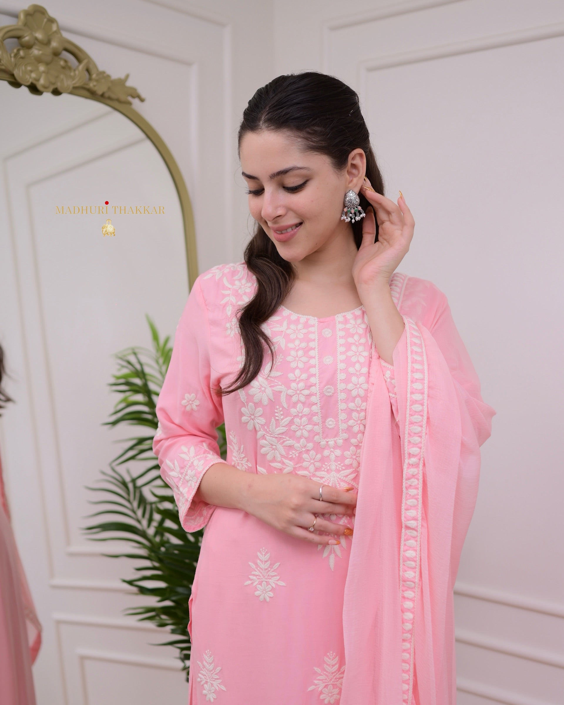 Pink Rayon Kurti Set with Embroidered Palazo & Nazneen Dupatta