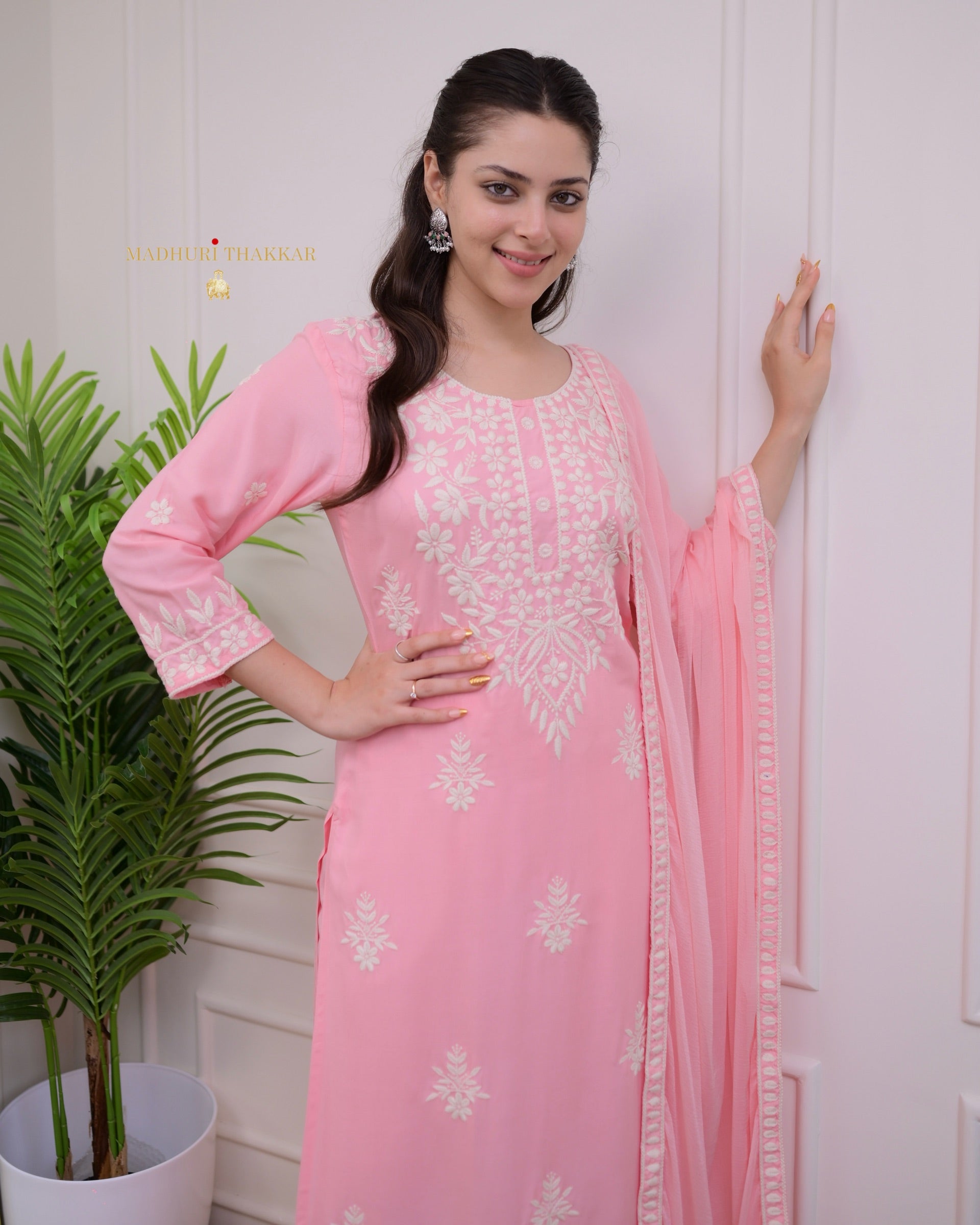 Pink Rayon Kurti Set with Embroidered Palazo & Nazneen Dupatta