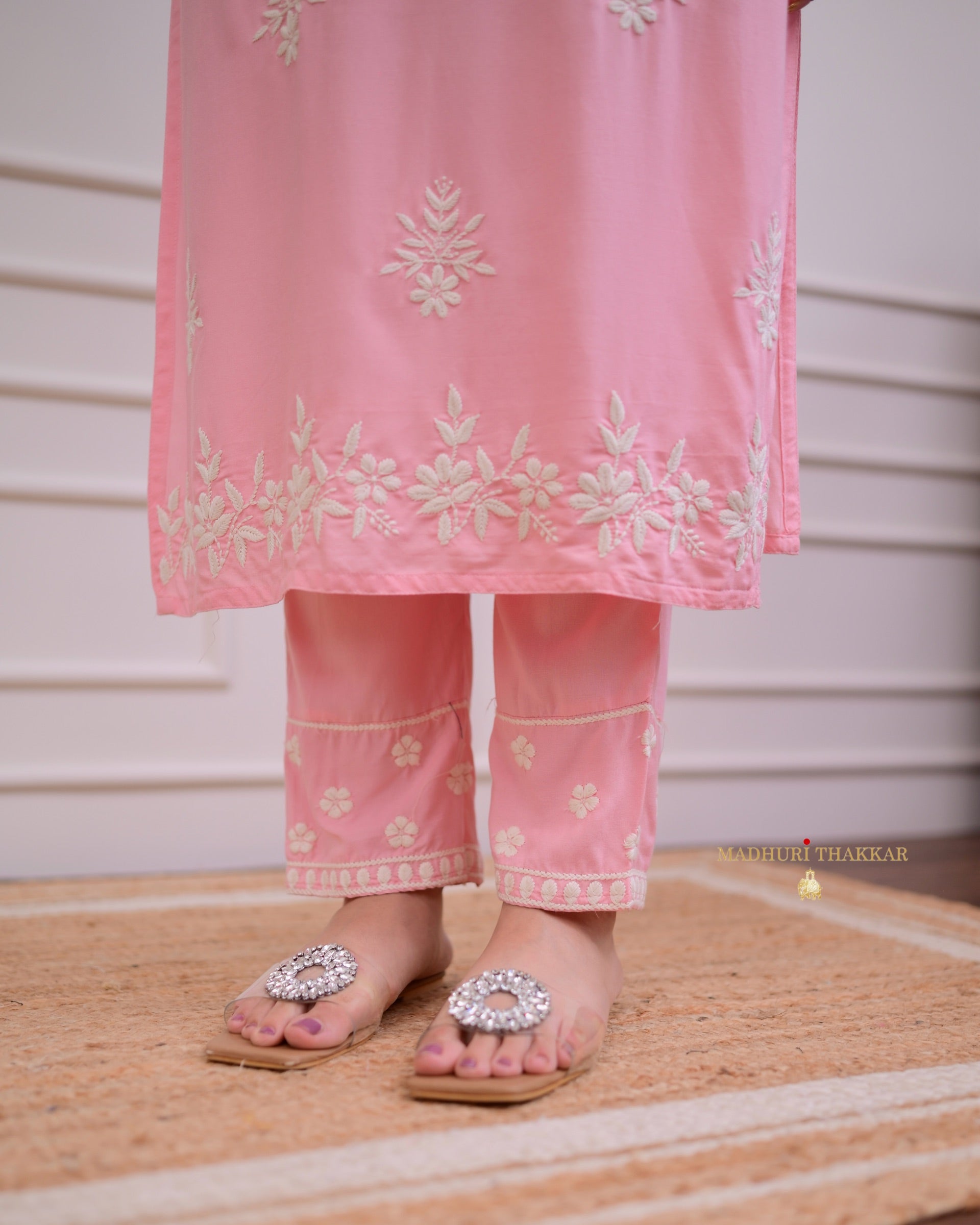 Pink Rayon Kurti Set with Embroidered Palazo & Nazneen Dupatta