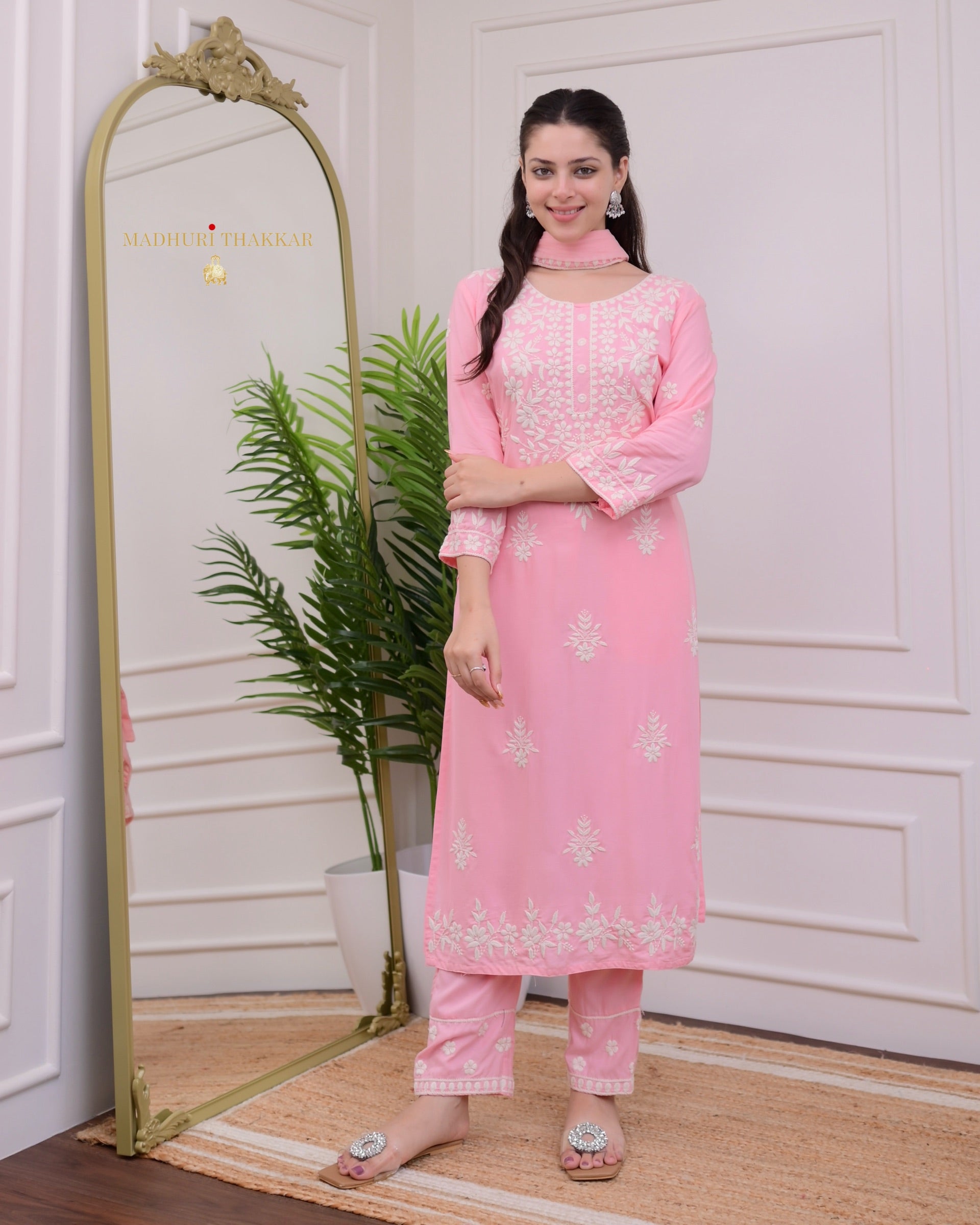 Pink Rayon Kurti Set with Embroidered Palazo & Nazneen Dupatta