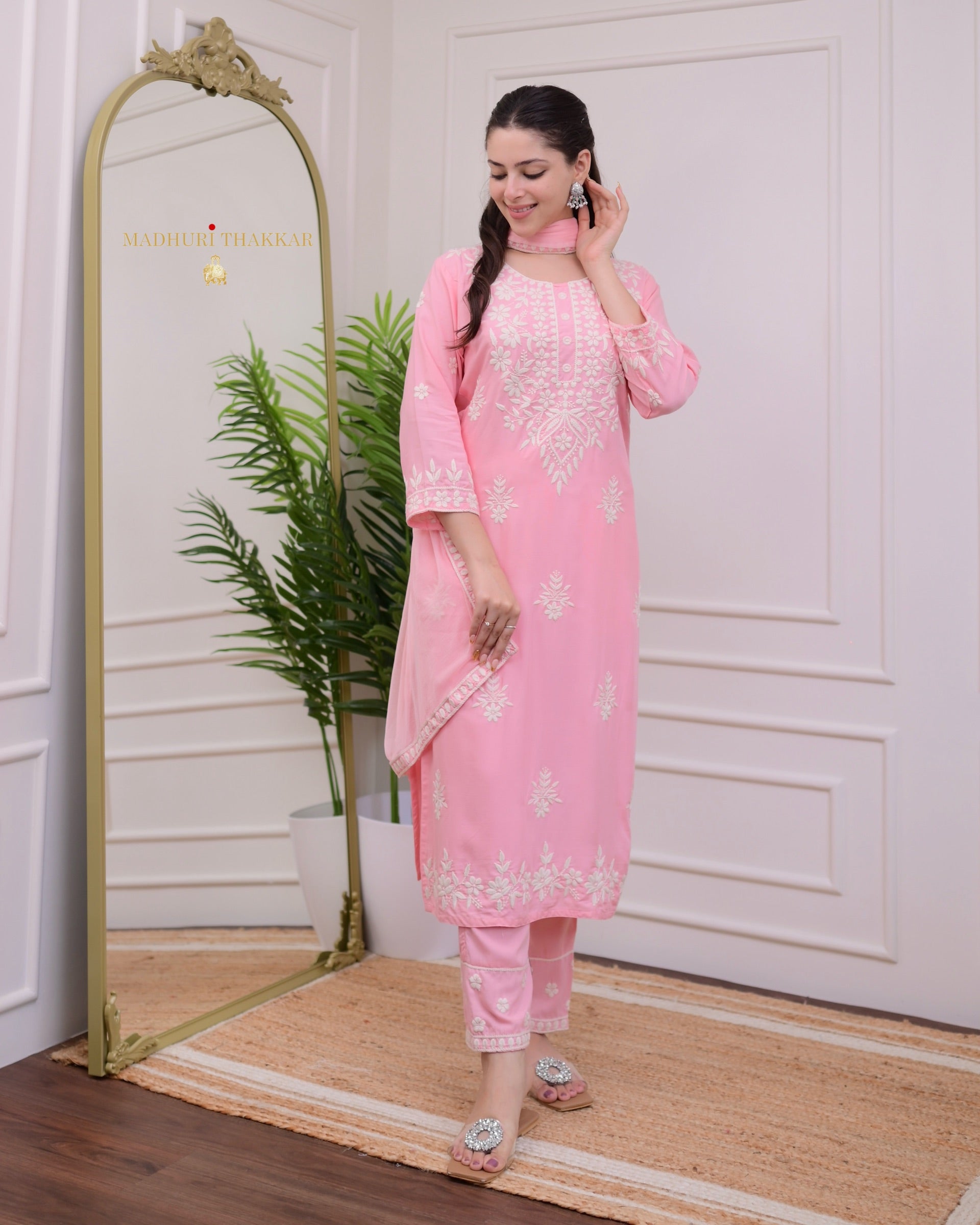 Pink Rayon Kurti Set with Embroidered Palazo & Nazneen Dupatta