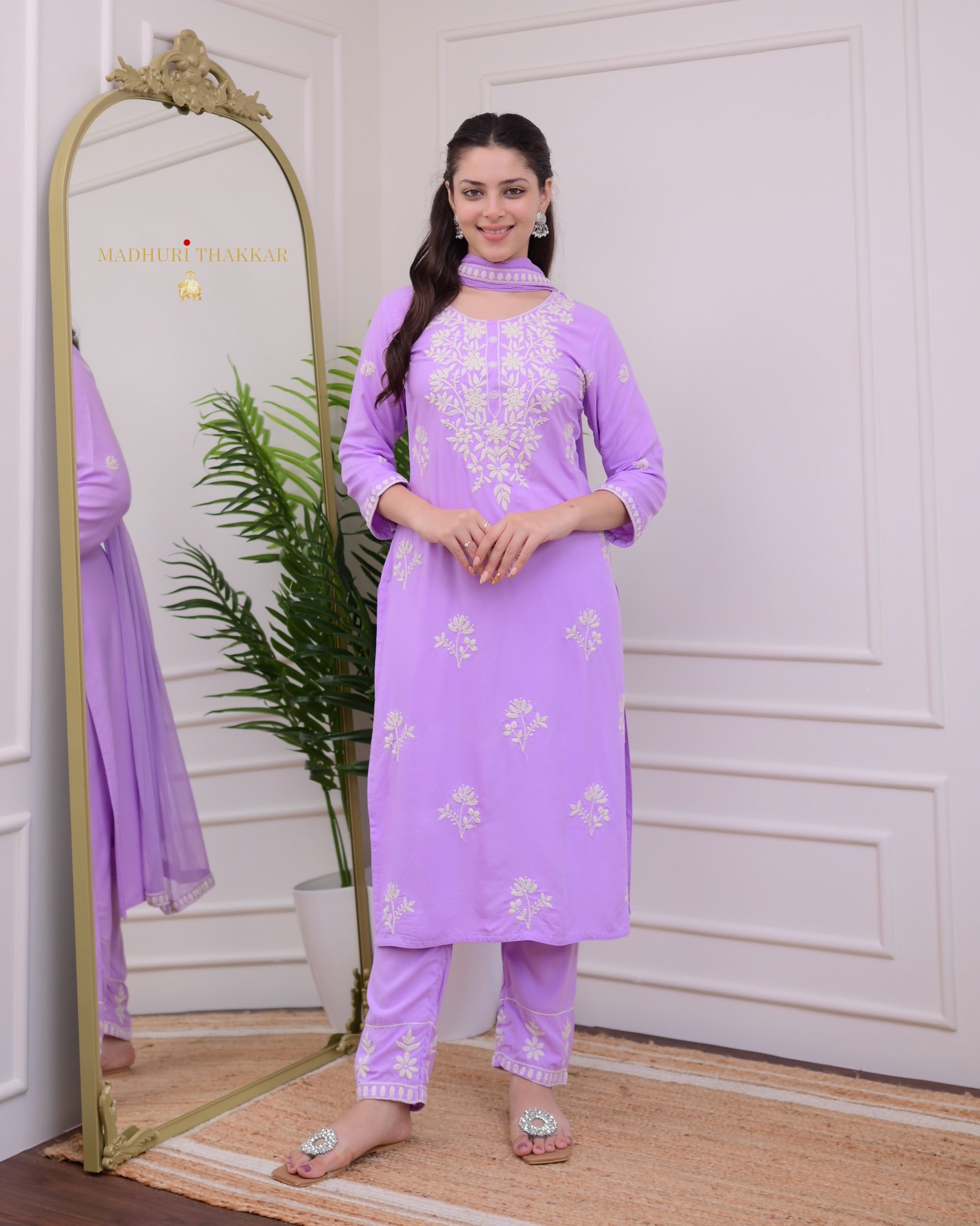 Violet Rayon Kurti Set with Embroidered Palazo & Nazneen Dupatta