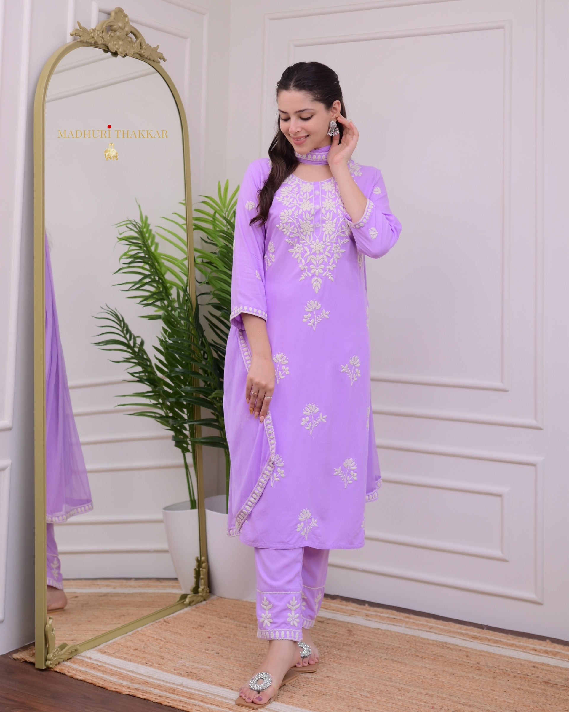 Violet Rayon Kurti Set with Embroidered Palazo & Nazneen Dupatta