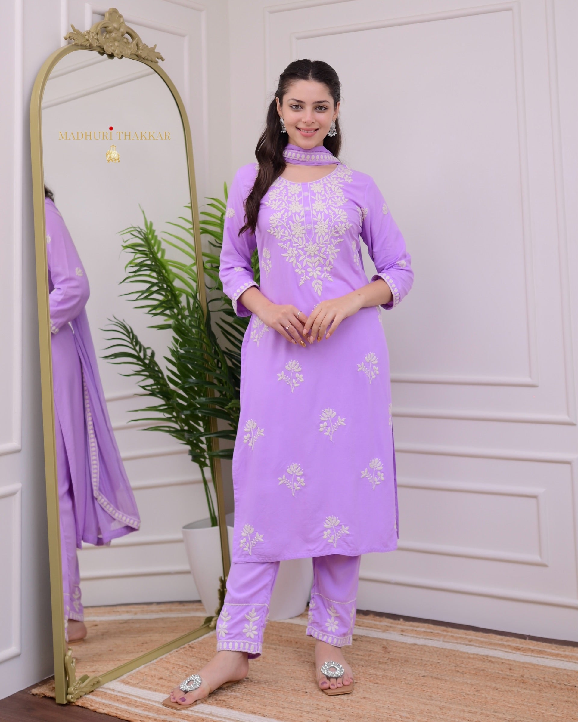 Violet Rayon Kurti Set with Embroidered Palazo & Nazneen Dupatta