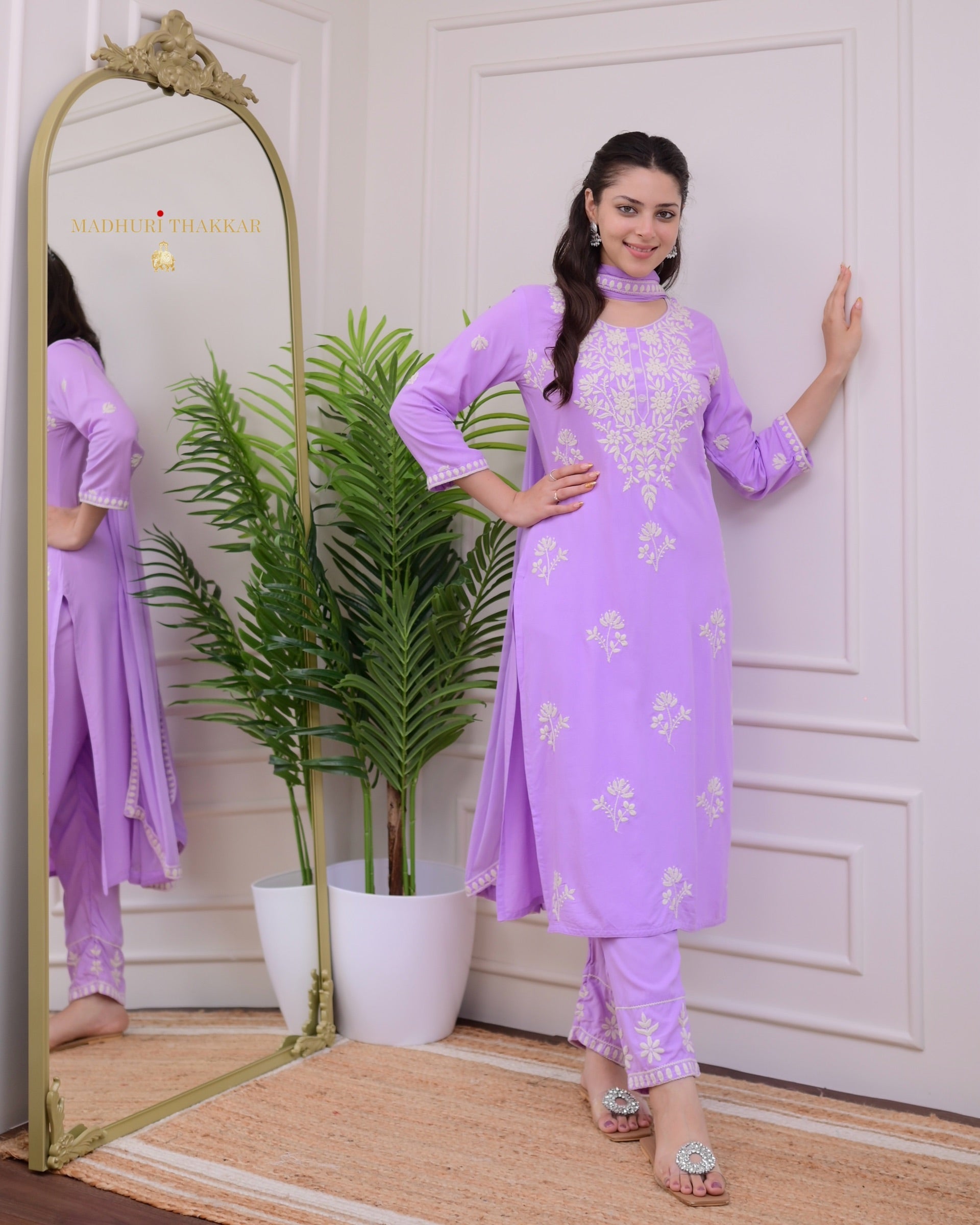 Violet Rayon Kurti Set with Embroidered Palazo & Nazneen Dupatta