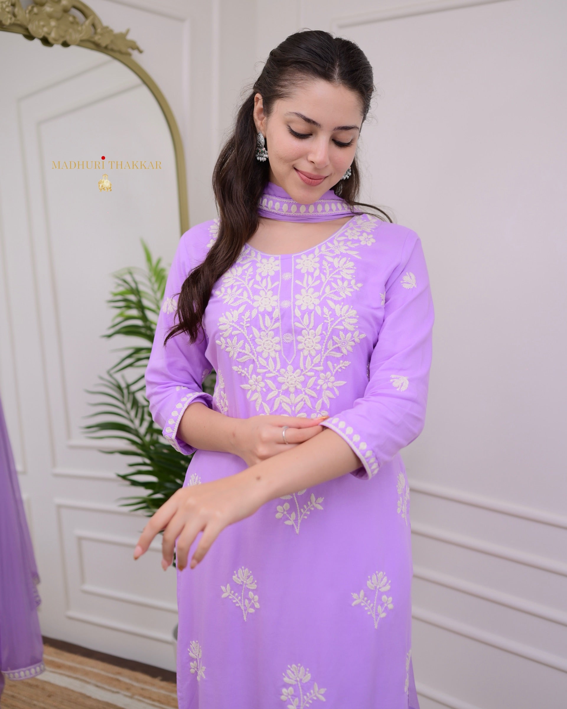 Violet Rayon Kurti Set with Embroidered Palazo & Nazneen Dupatta