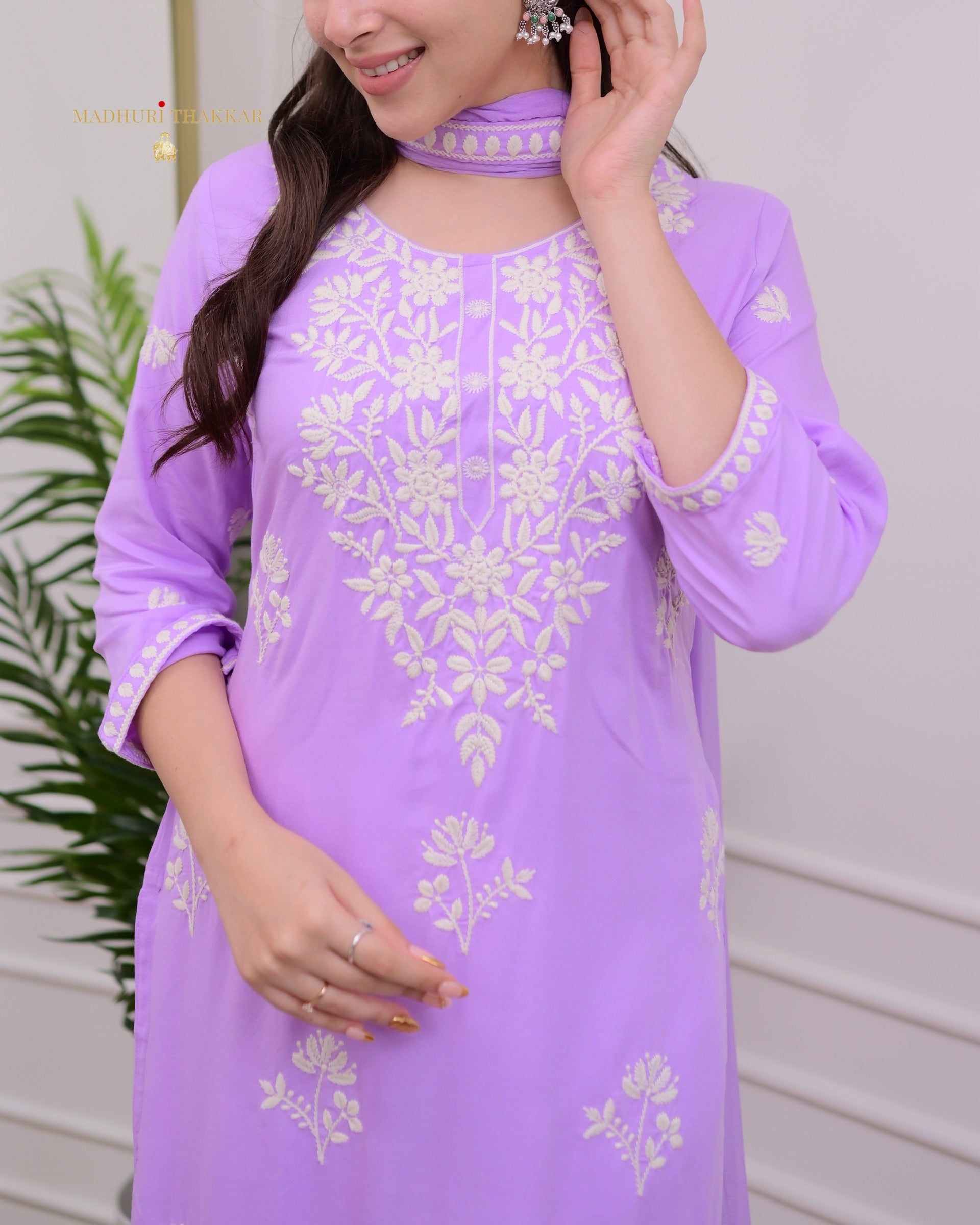 Violet Rayon Kurti Set with Embroidered Palazo & Nazneen Dupatta