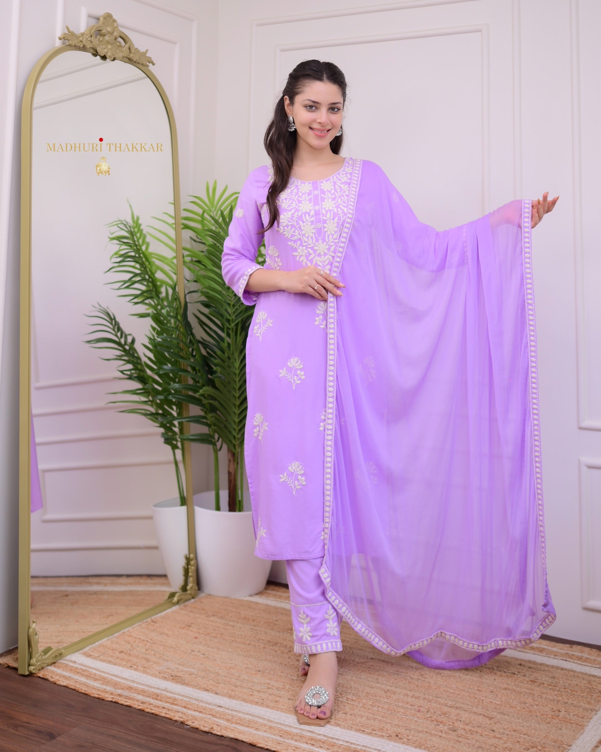 Violet Rayon Kurti Set with Embroidered Palazo & Nazneen Dupatta