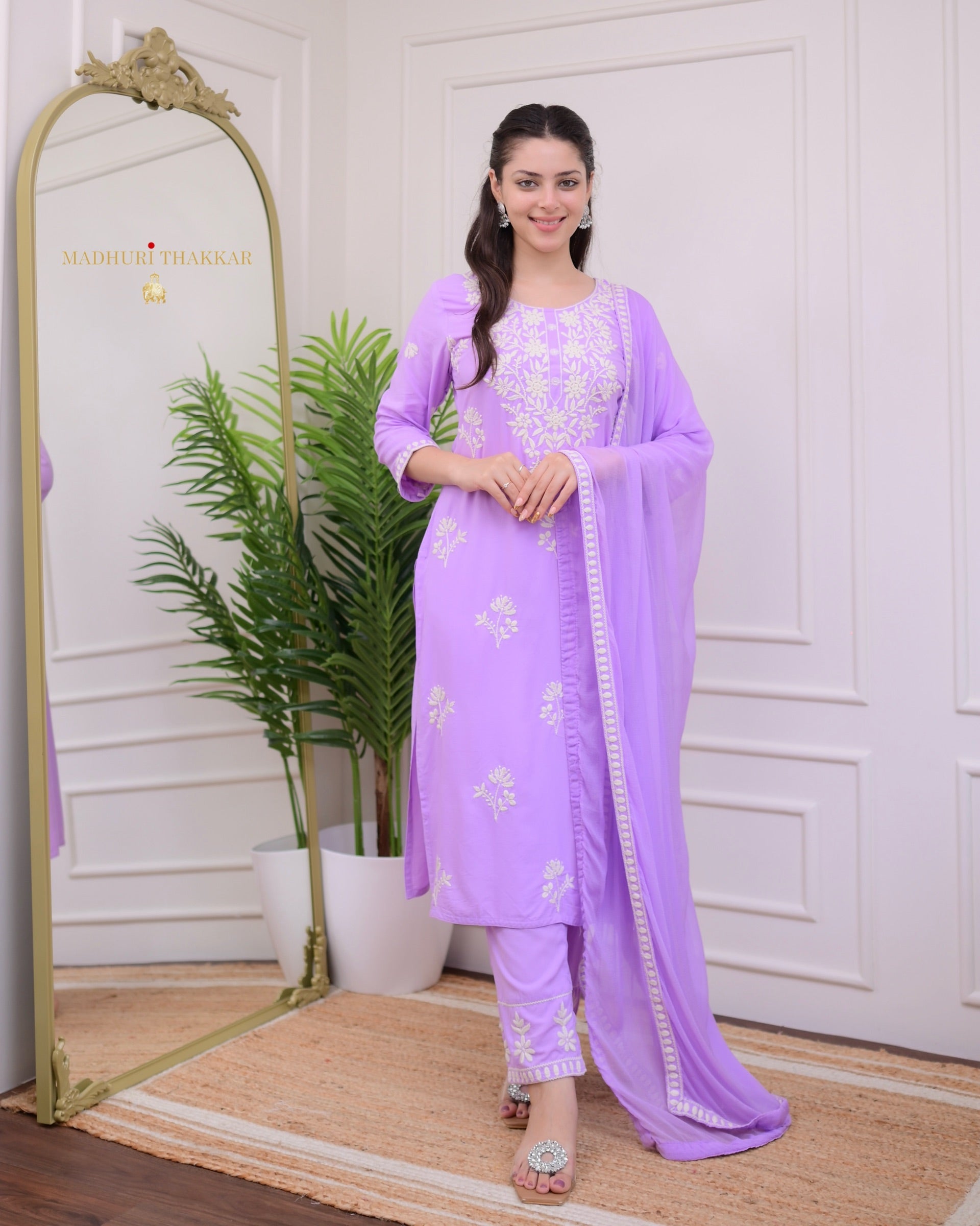 Violet Rayon Kurti Set with Embroidered Palazo & Nazneen Dupatta