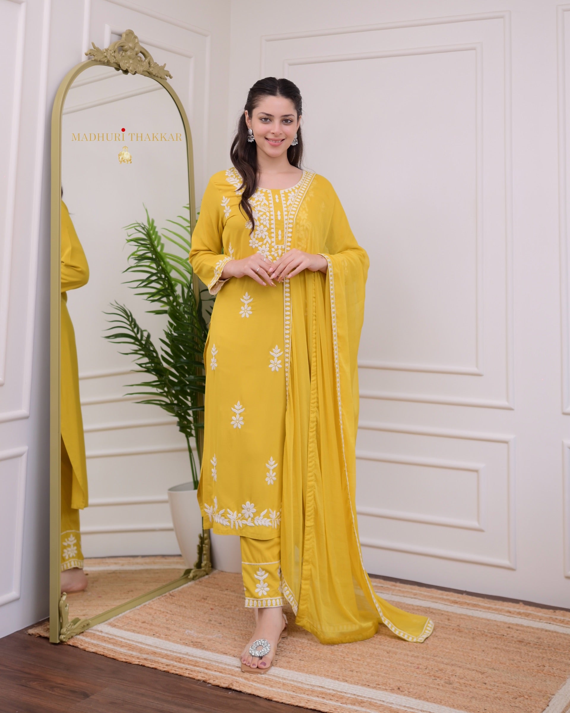 Elegant Yellow Rayon Kurti Set with Embroidered Palazzo & Nazneen Dupatta - TrendBuy