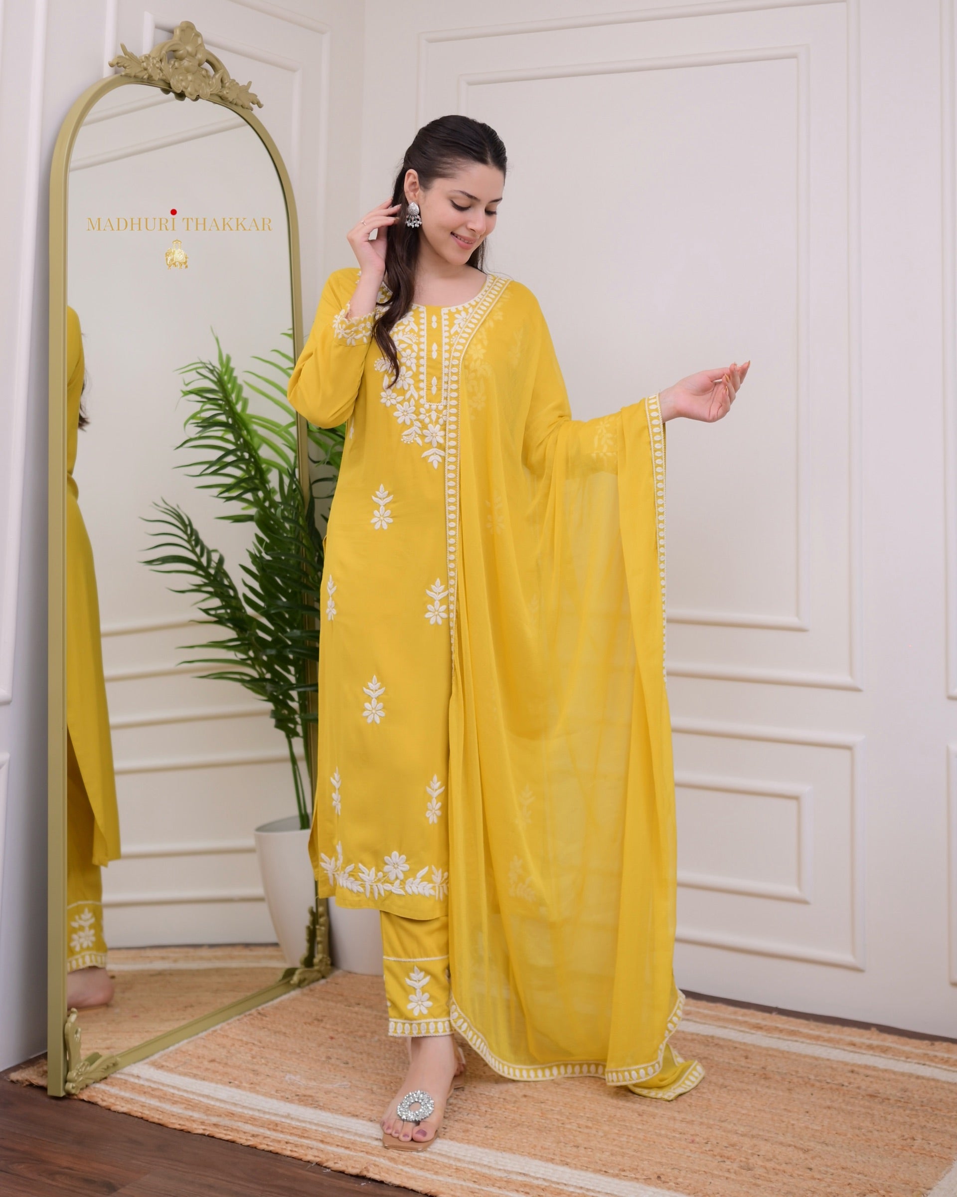 Elegant Yellow Rayon Kurti Set with Embroidered Palazzo & Nazneen Dupatta - TrendBuy