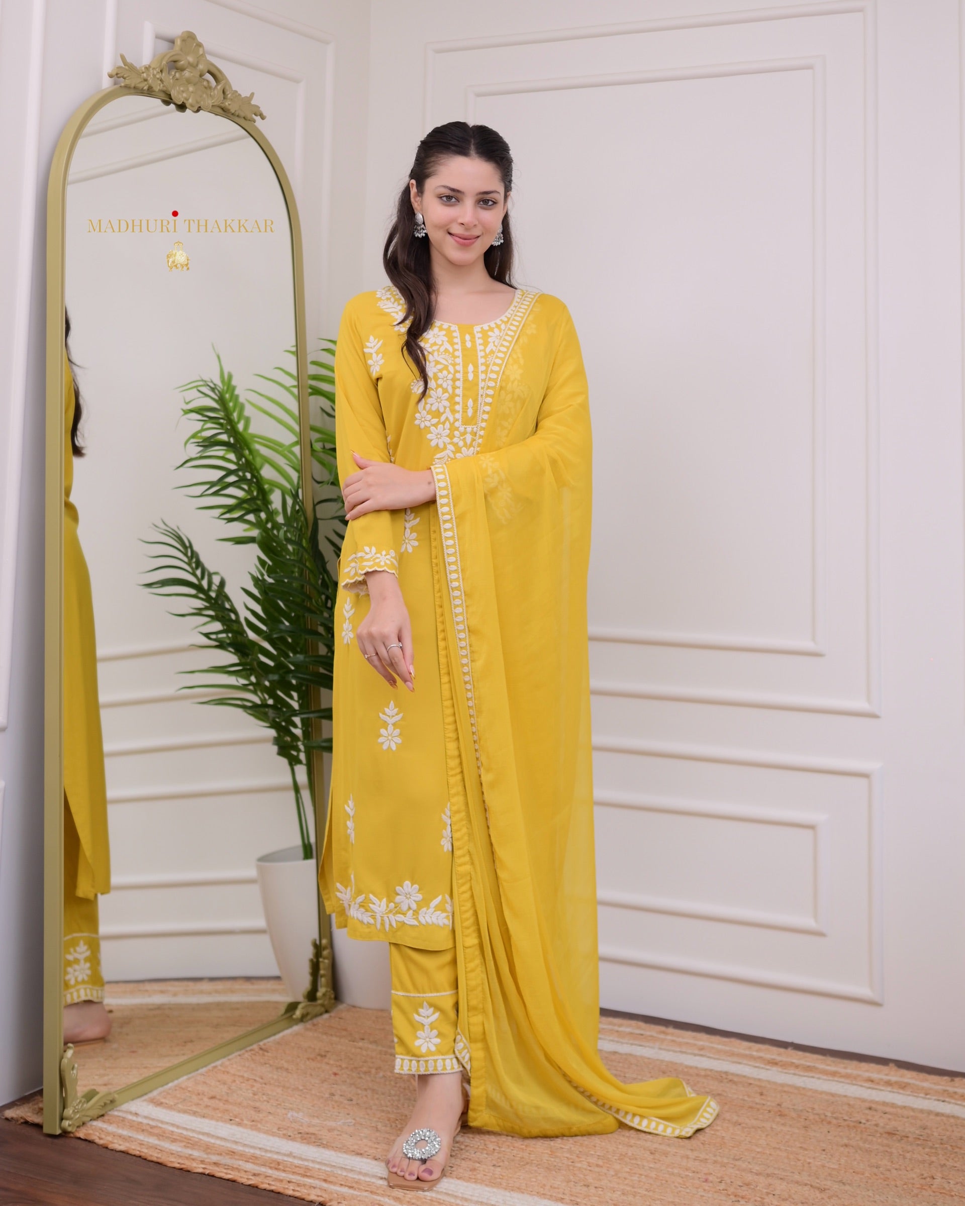 Elegant Yellow Rayon Kurti Set with Embroidered Palazzo & Nazneen Dupatta - TrendBuy