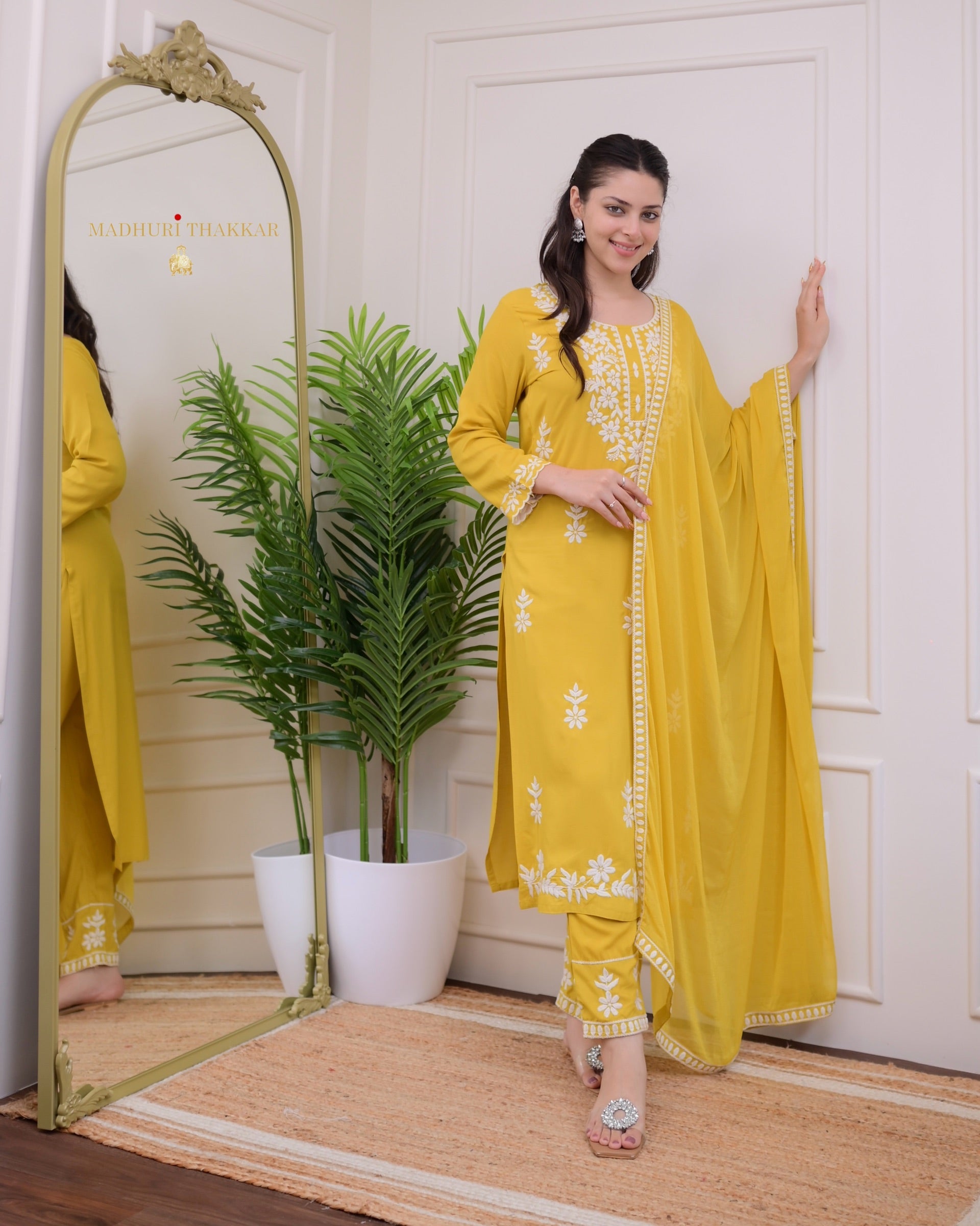 Elegant Yellow Rayon Kurti Set with Embroidered Palazzo & Nazneen Dupatta - TrendBuy