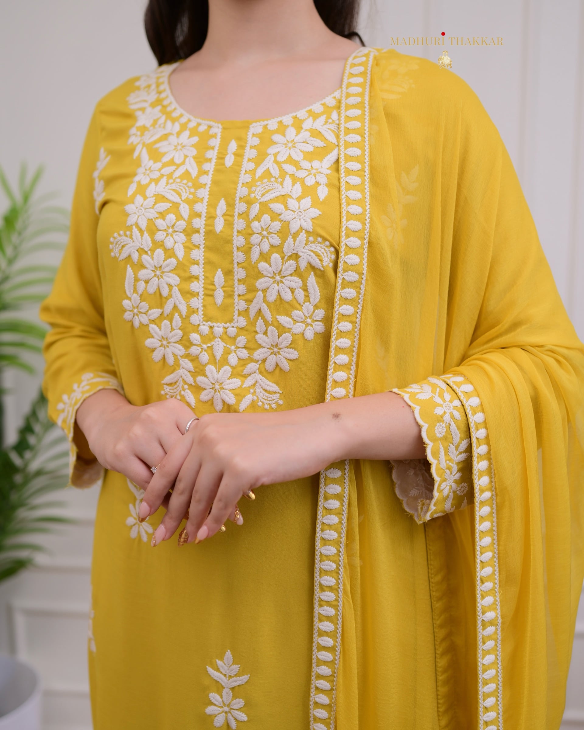 Elegant Yellow Rayon Kurti Set with Embroidered Palazzo & Nazneen Dupatta - TrendBuy