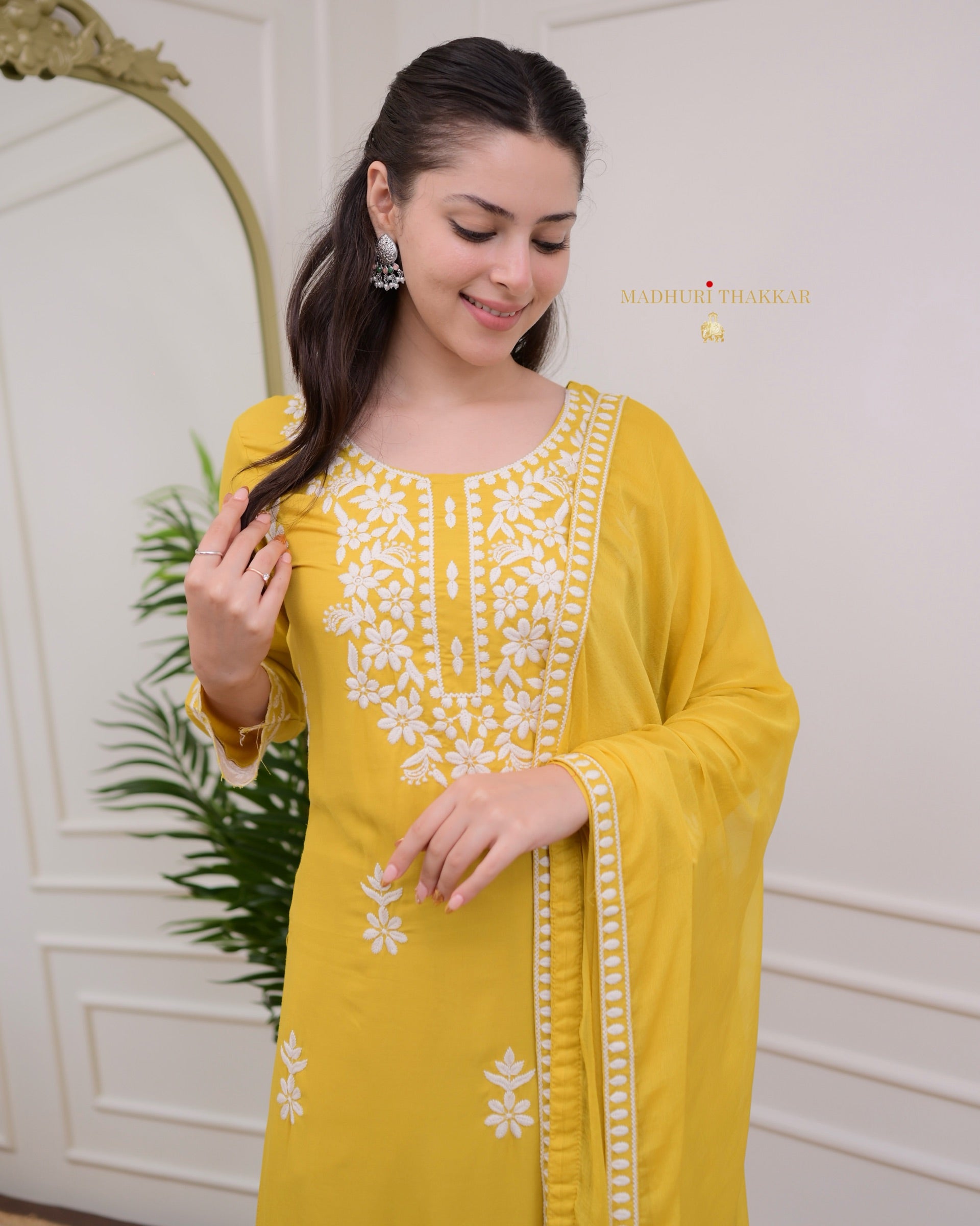 Elegant Yellow Rayon Kurti Set with Embroidered Palazzo & Nazneen Dupatta - TrendBuy