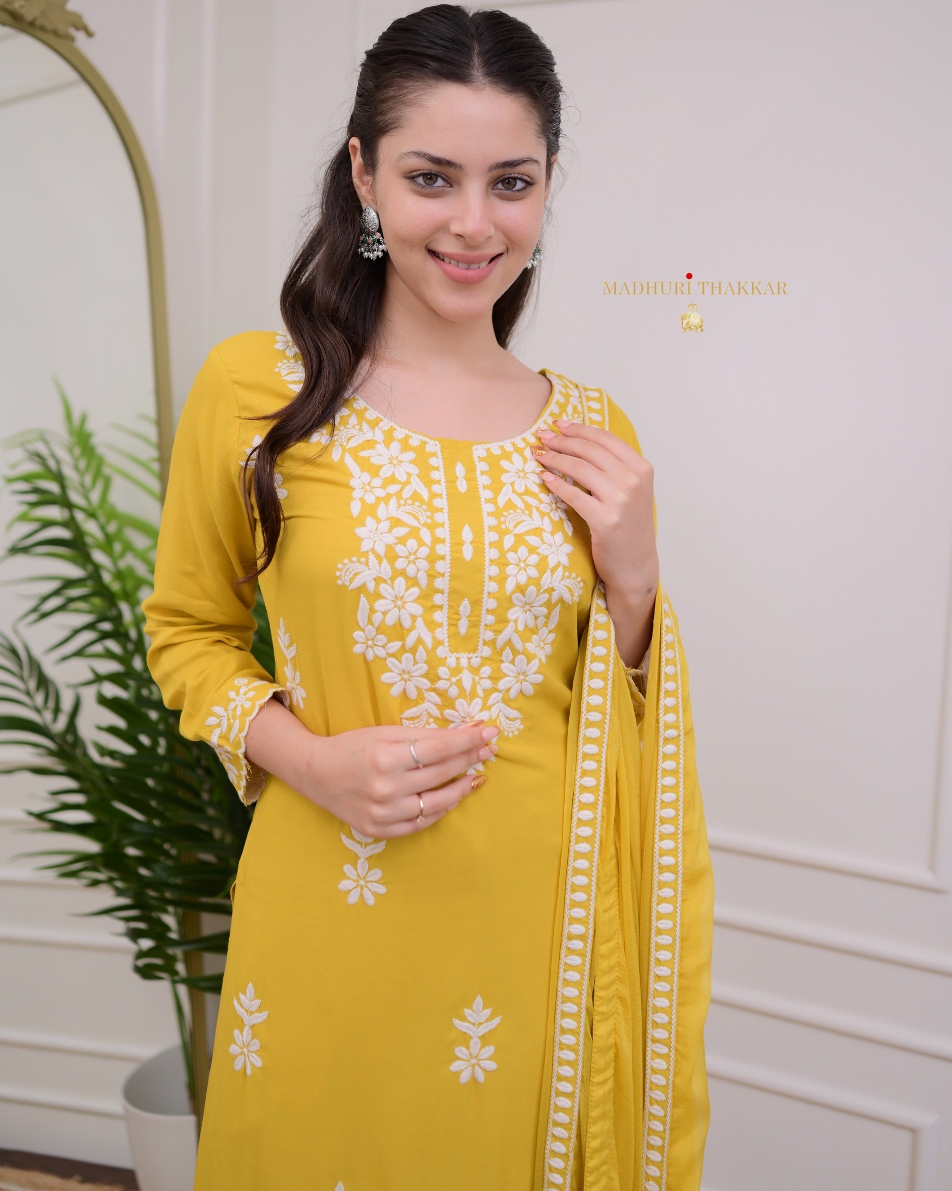 Elegant Yellow Rayon Kurti Set with Embroidered Palazzo & Nazneen Dupatta - TrendBuy