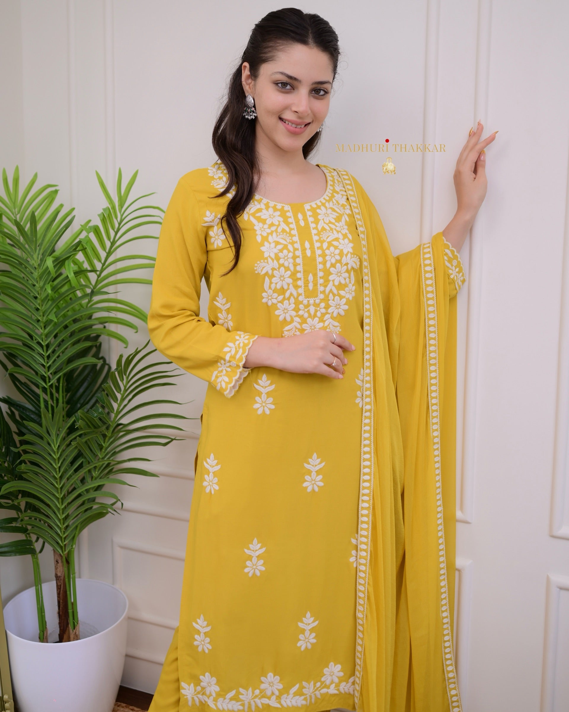 Elegant Yellow Rayon Kurti Set with Embroidered Palazzo & Nazneen Dupatta - TrendBuy